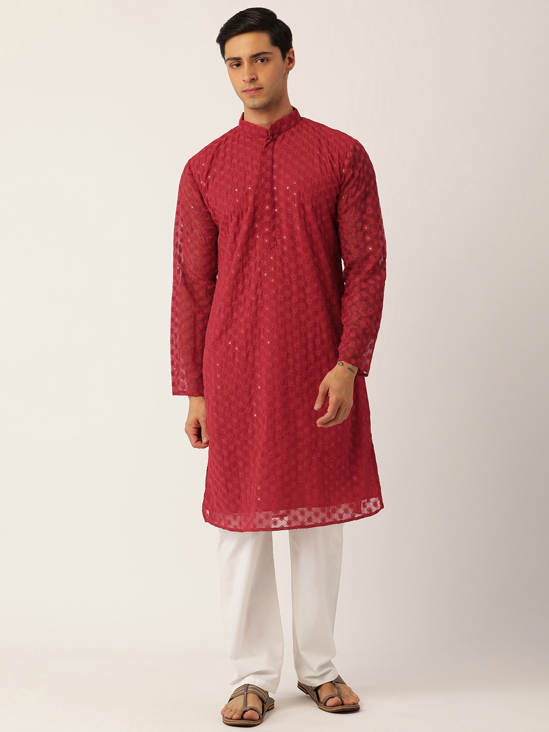 

SWAGG INDIA Ethnic Motifs Embroidered Chikankari Georgette Kurta, Red