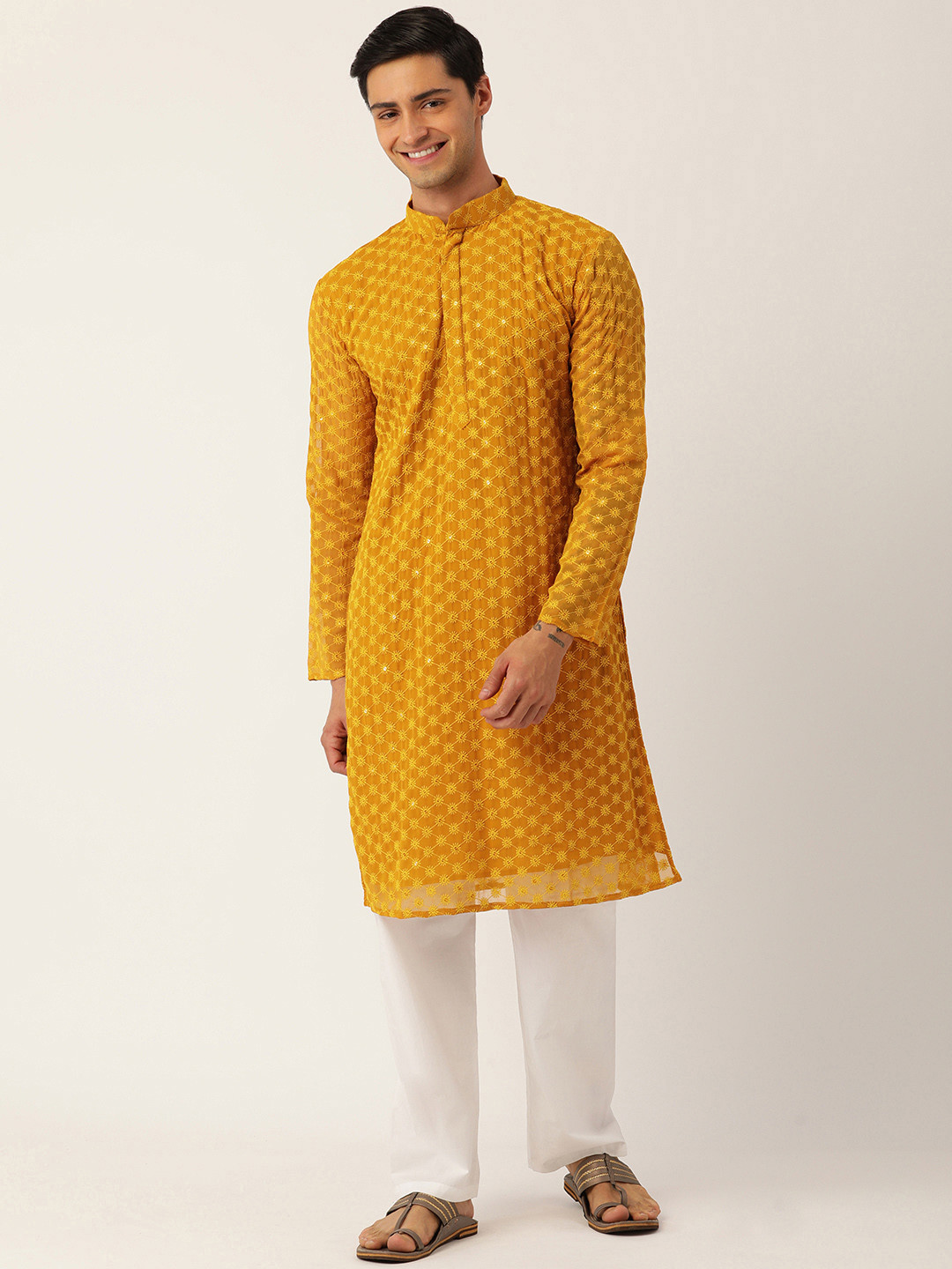 

SWAGG INDIA Ethnic Motifs Embroidered Chikankari Georgette Kurta, Mustard