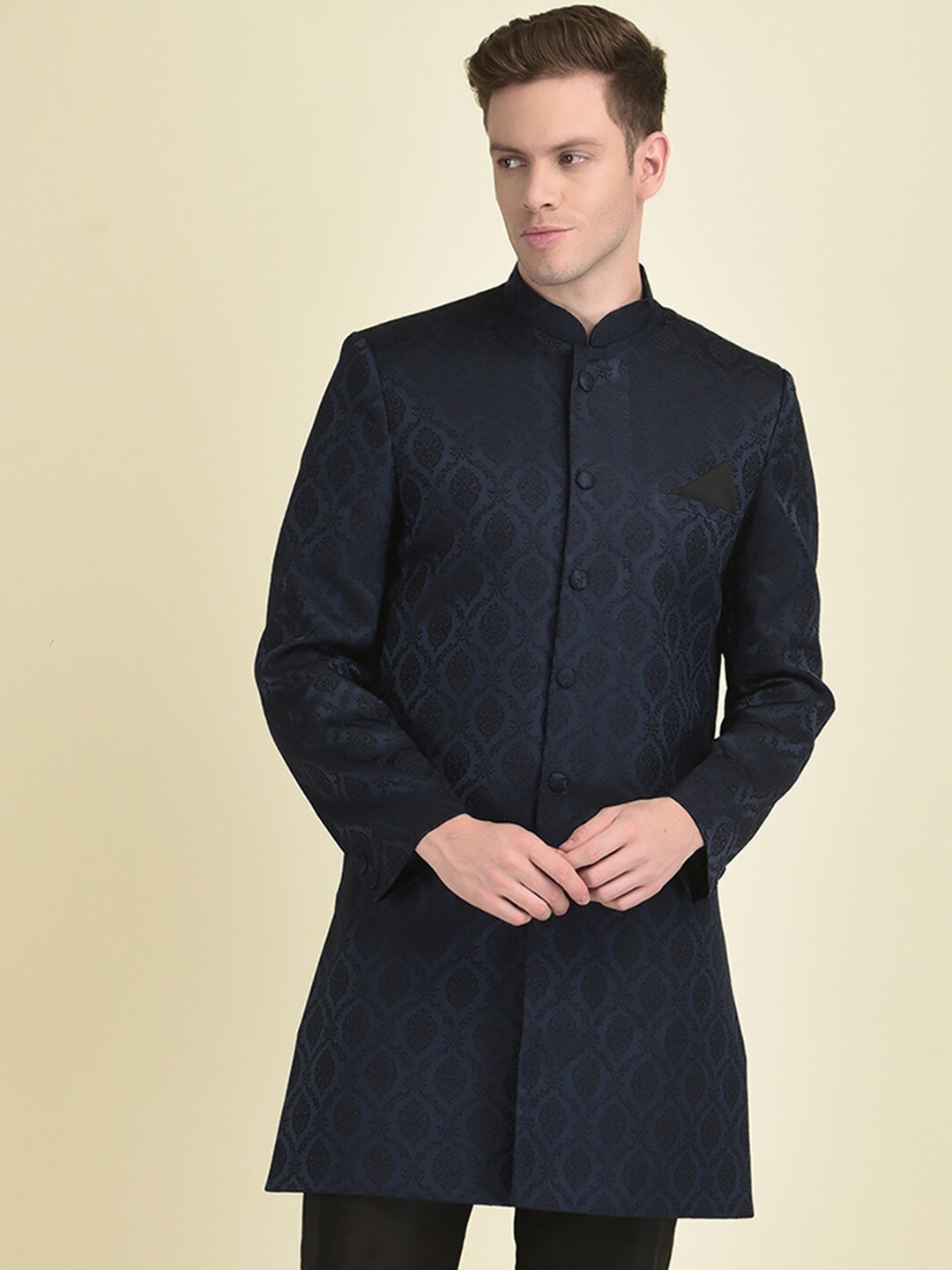 

HOUSE OF DEYANN Men Woven Design Sherwani With Trouser Set, Navy blue