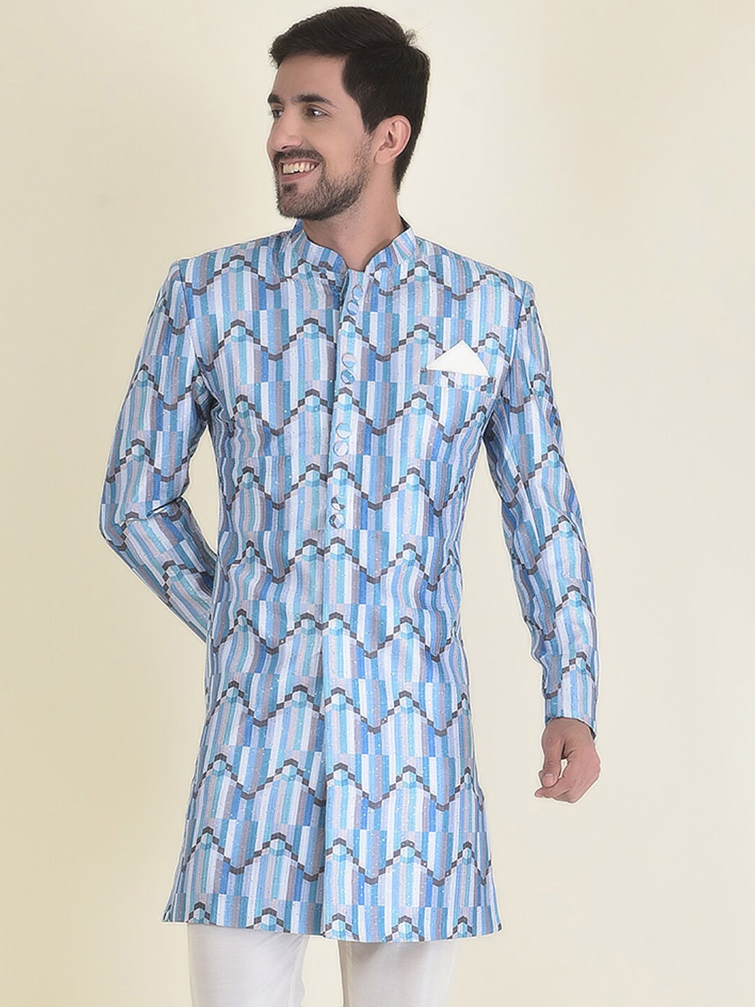 

HOUSE OF DEYANN Men Printed Sherwani With Trouser Set, Blue