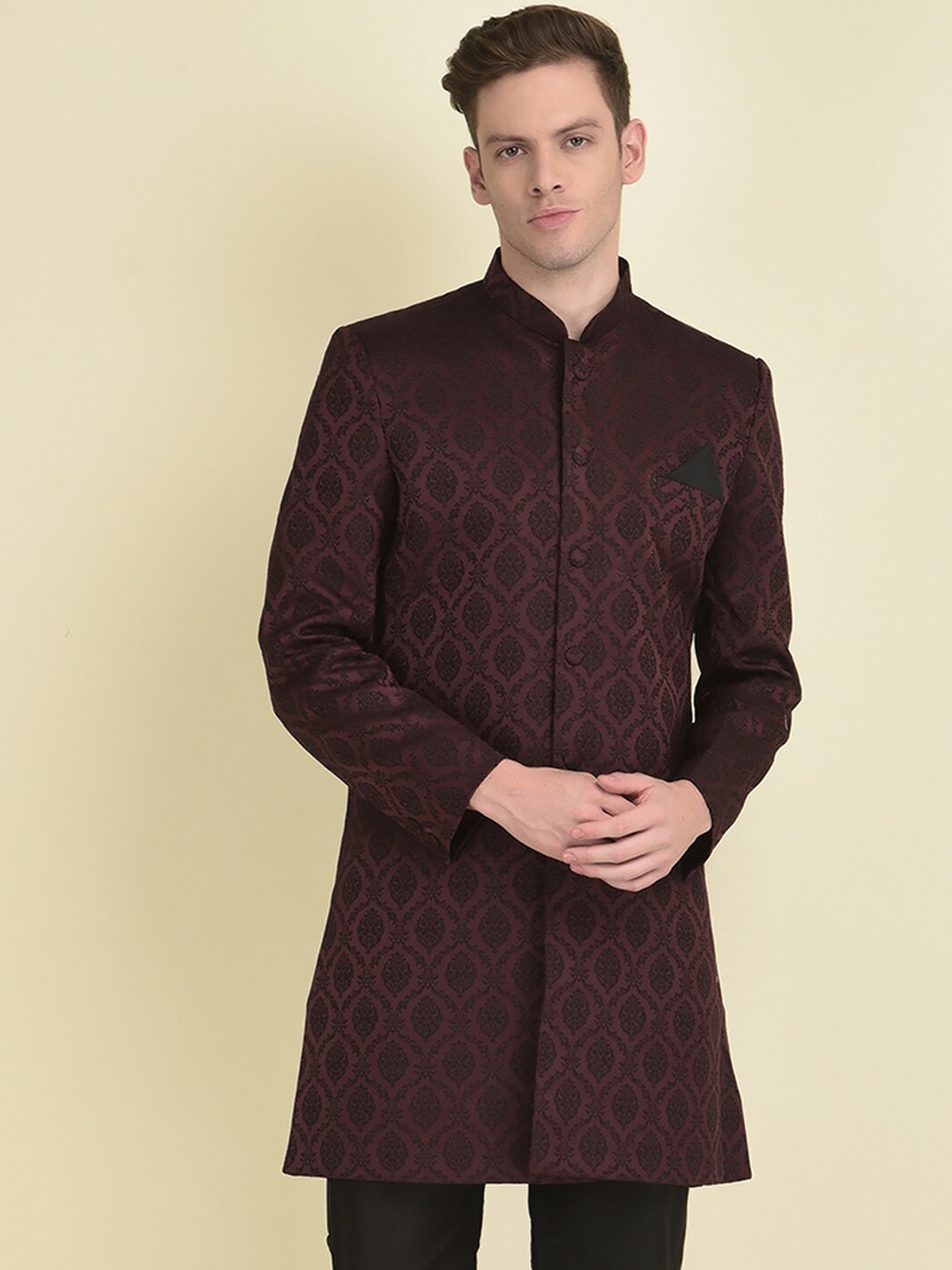 

HOUSE OF DEYANN Men Woven Design Silk Sherwani With Trouser Set, Maroon