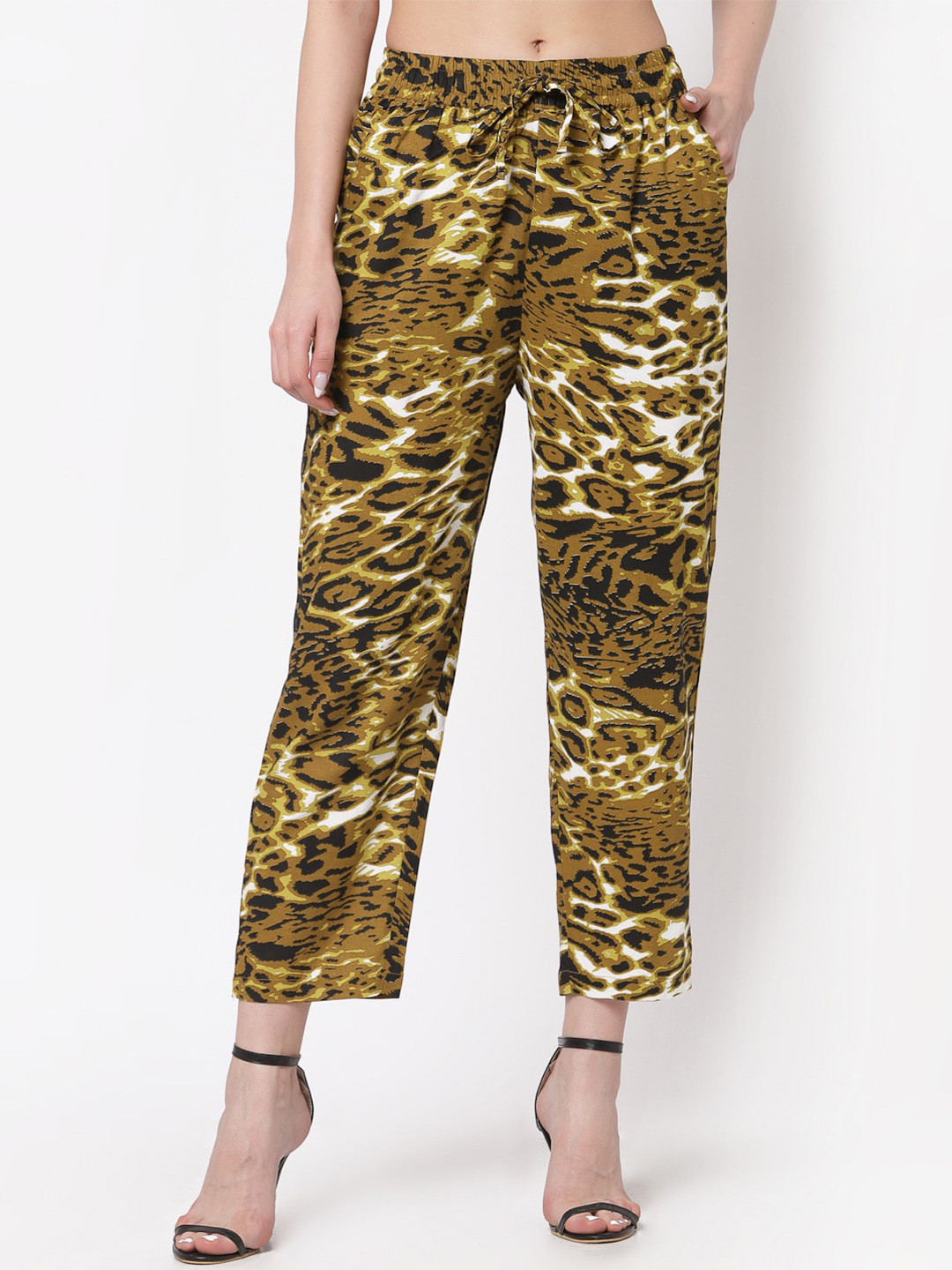 

KLOTTHE Women Animal Printed Cotton Slim Fit Parallel Trousers, Mustard