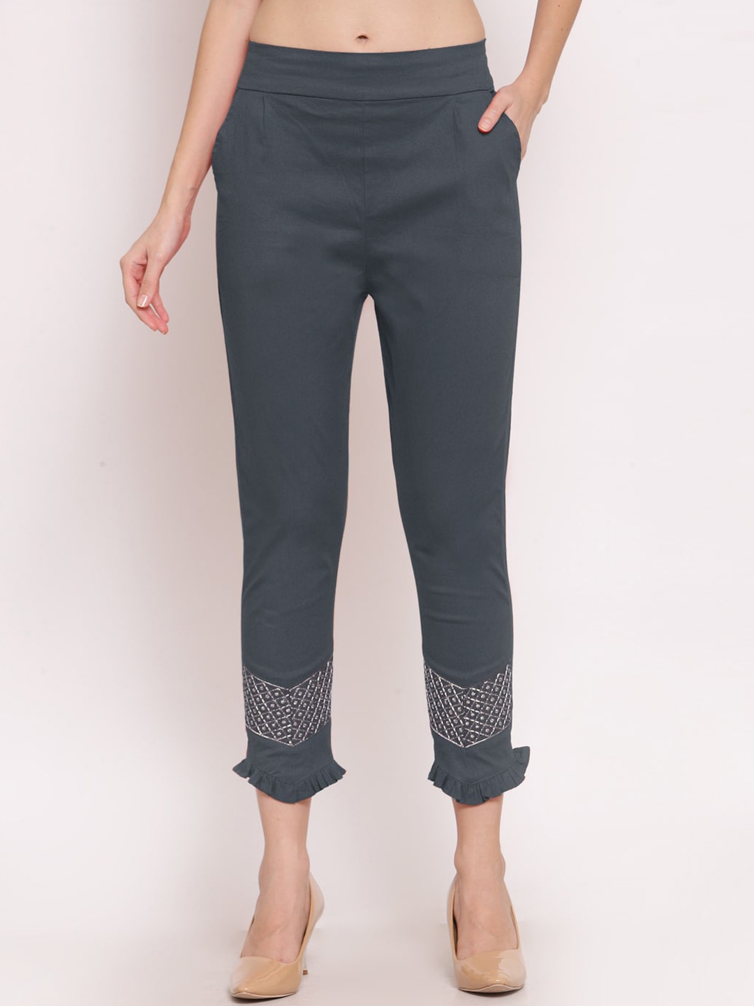 

KLOTTHE Women Embroidered Cotton Slim Fit Cropped Cigarette Trousers, Charcoal