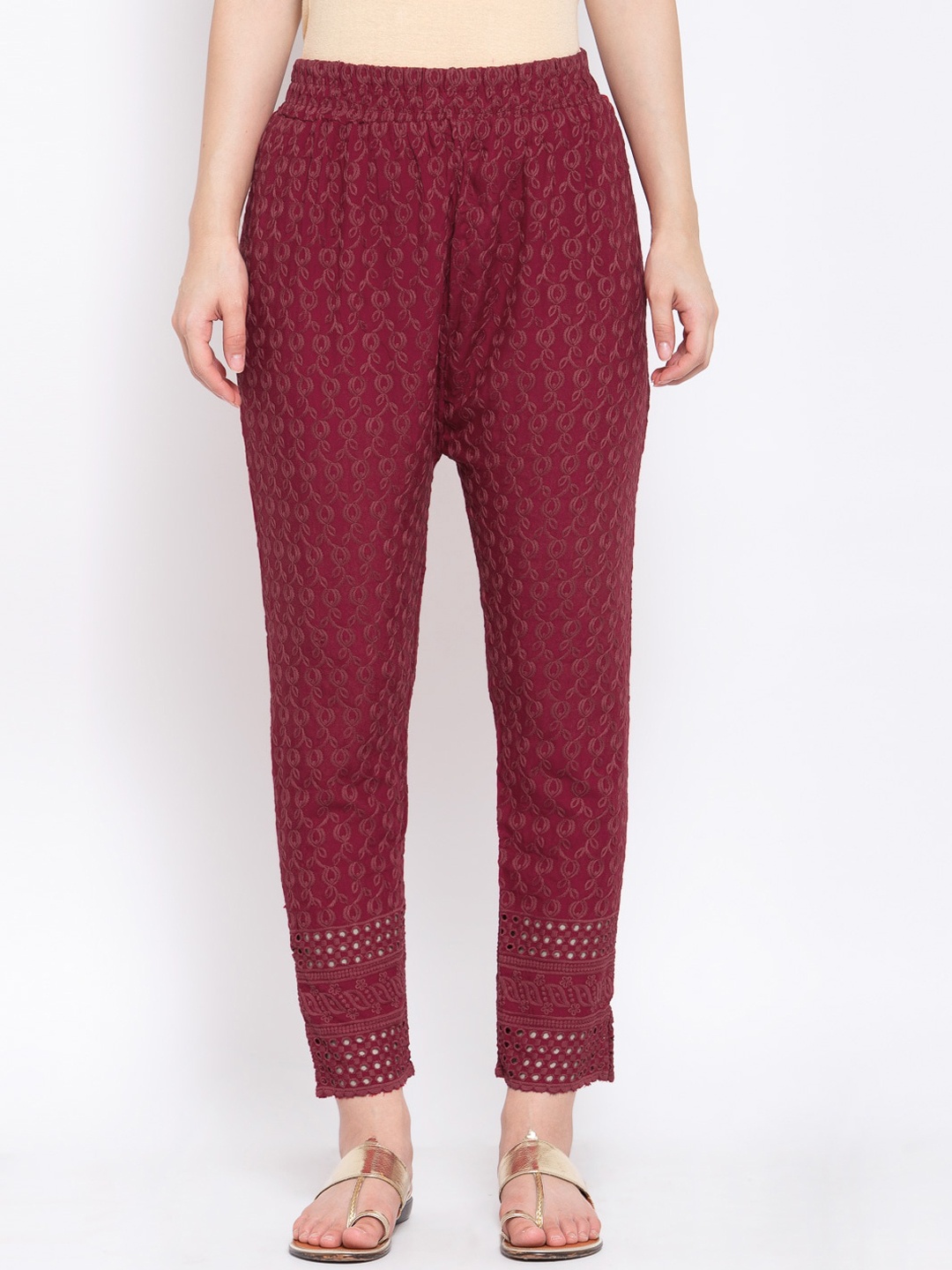 

KLOTTHE Women Embroidered Cotton Slim Fit Cropped Cigarette Trousers, Maroon