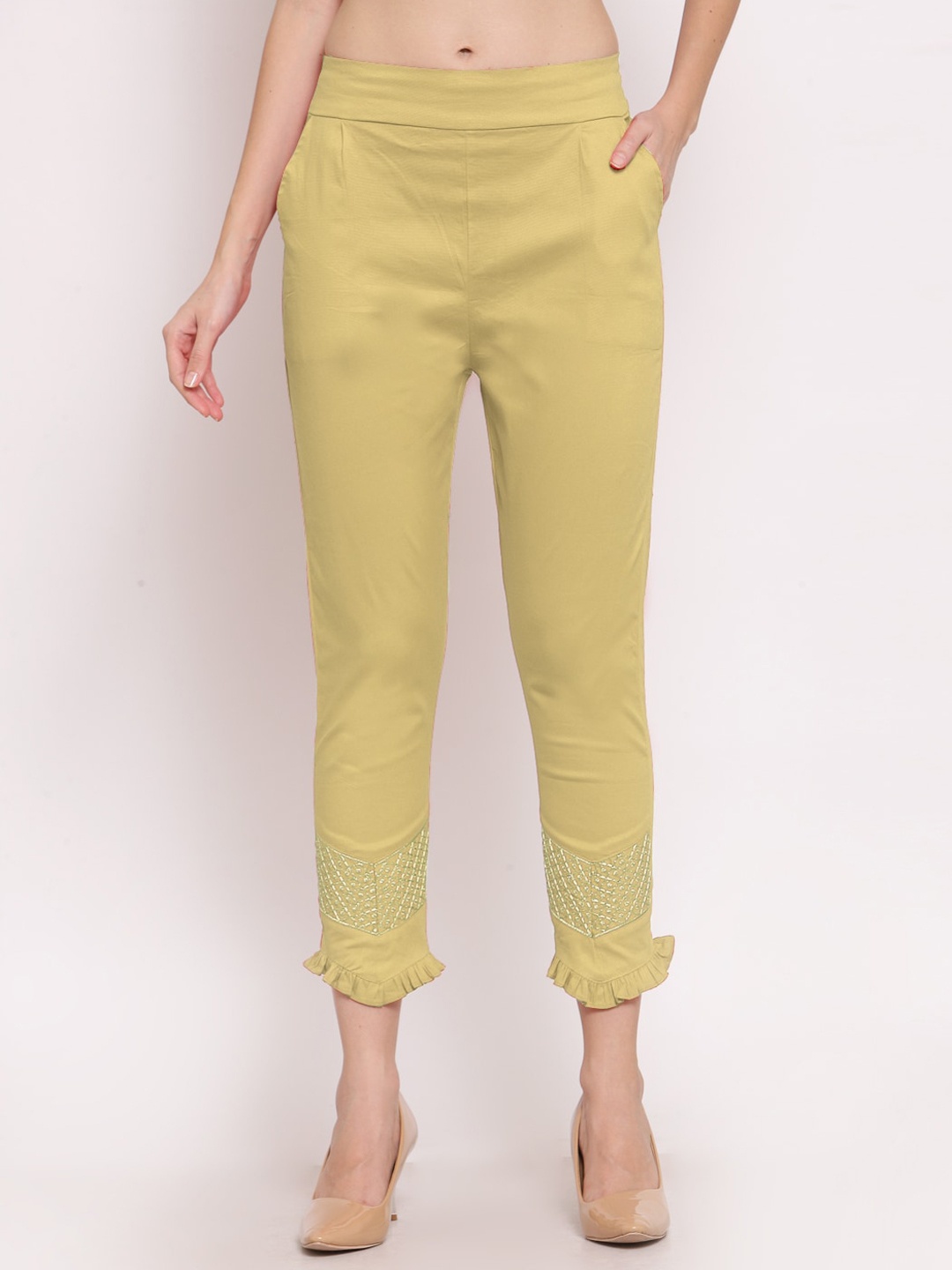 

KLOTTHE Women Cotton Slim Fit Cropped Cigarette Trousers, Green