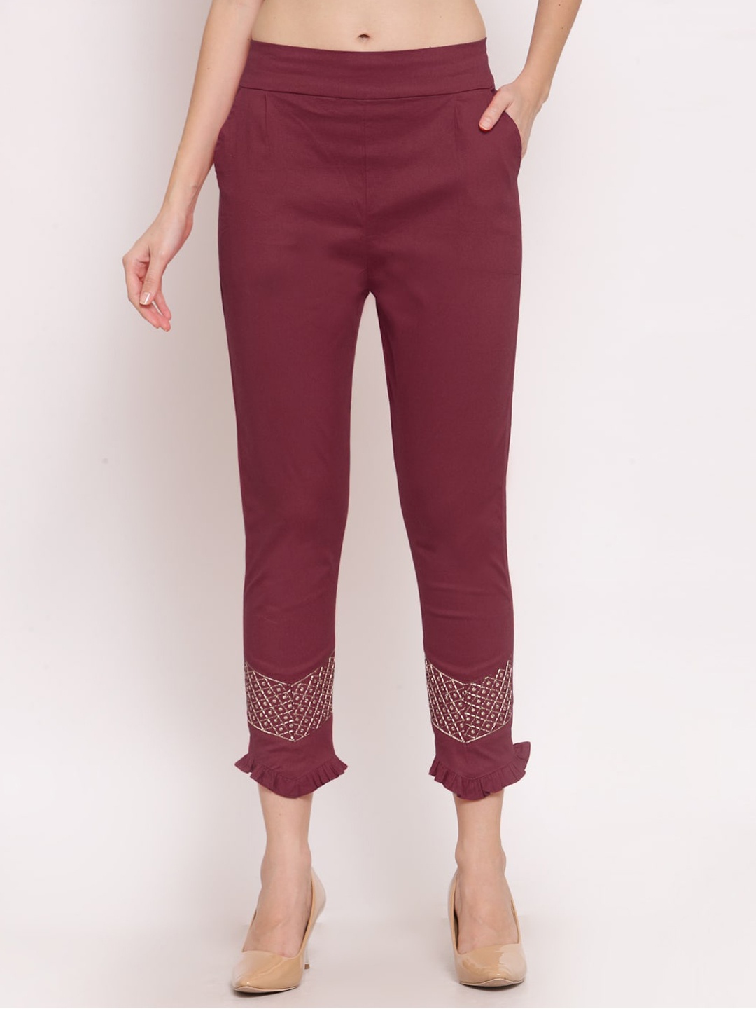 

KLOTTHE Women Embroidered Cotton Slim Fit Cropped Cigarette Trousers, Maroon