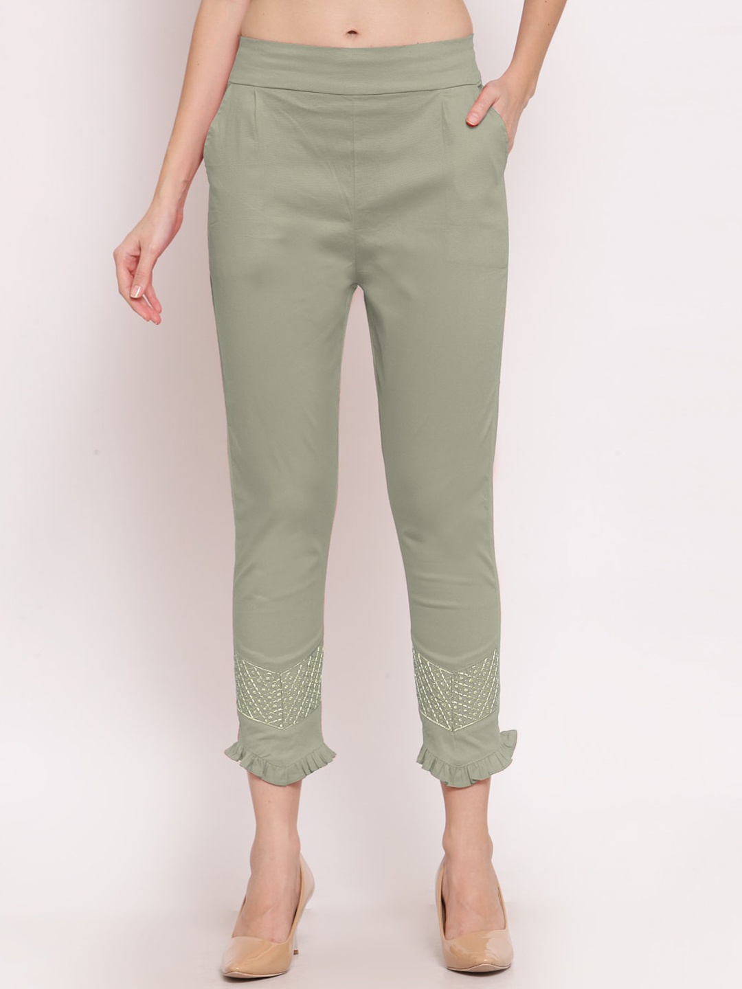 

KLOTTHE Women Embroidered Cotton Slim Fit Cropped Cigarette Trousers, Green