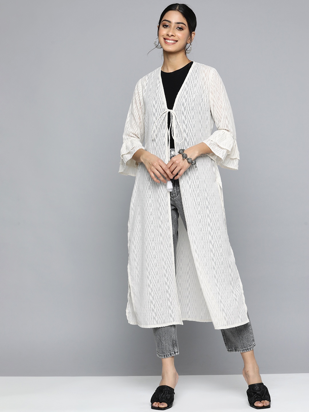

HERE&NOW Women Longline Tie-Up Shrug, White