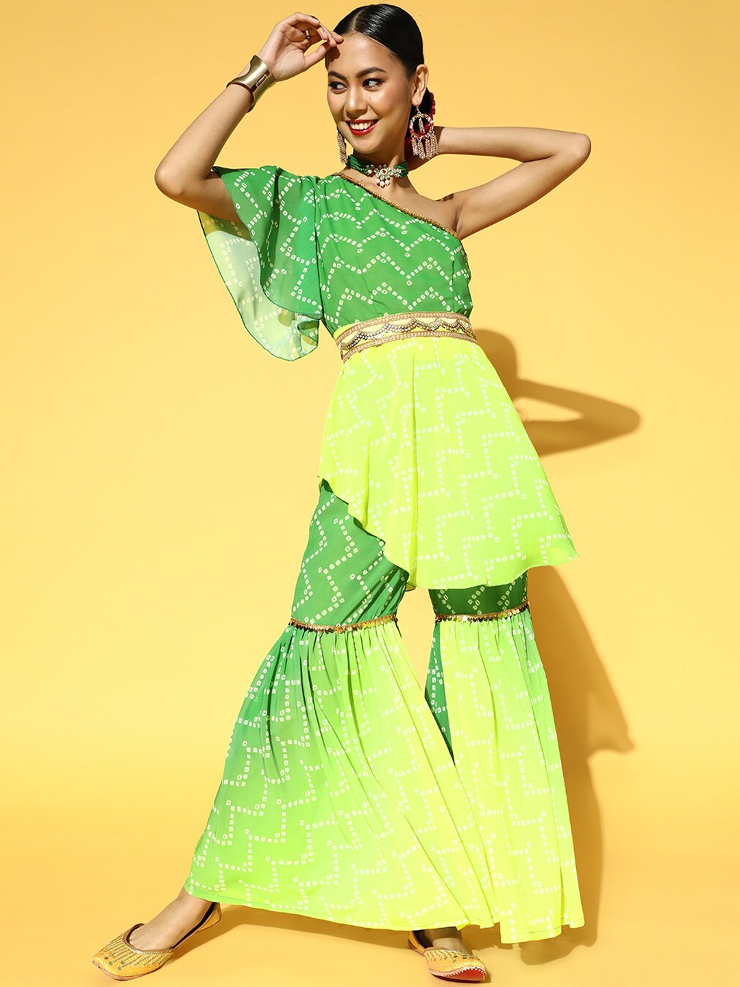 

PANIT Women Bandhani Printed Sequined One Shoulder Kurti with Sharara, Green