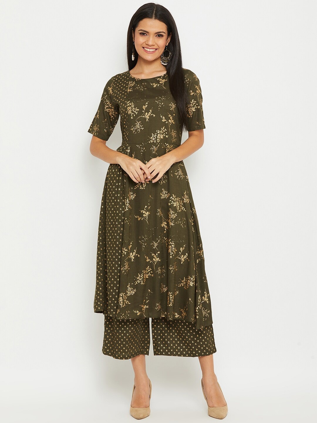 

PANIT Women Ethnic Motifs Printed Kurta with Palazzos, Olive