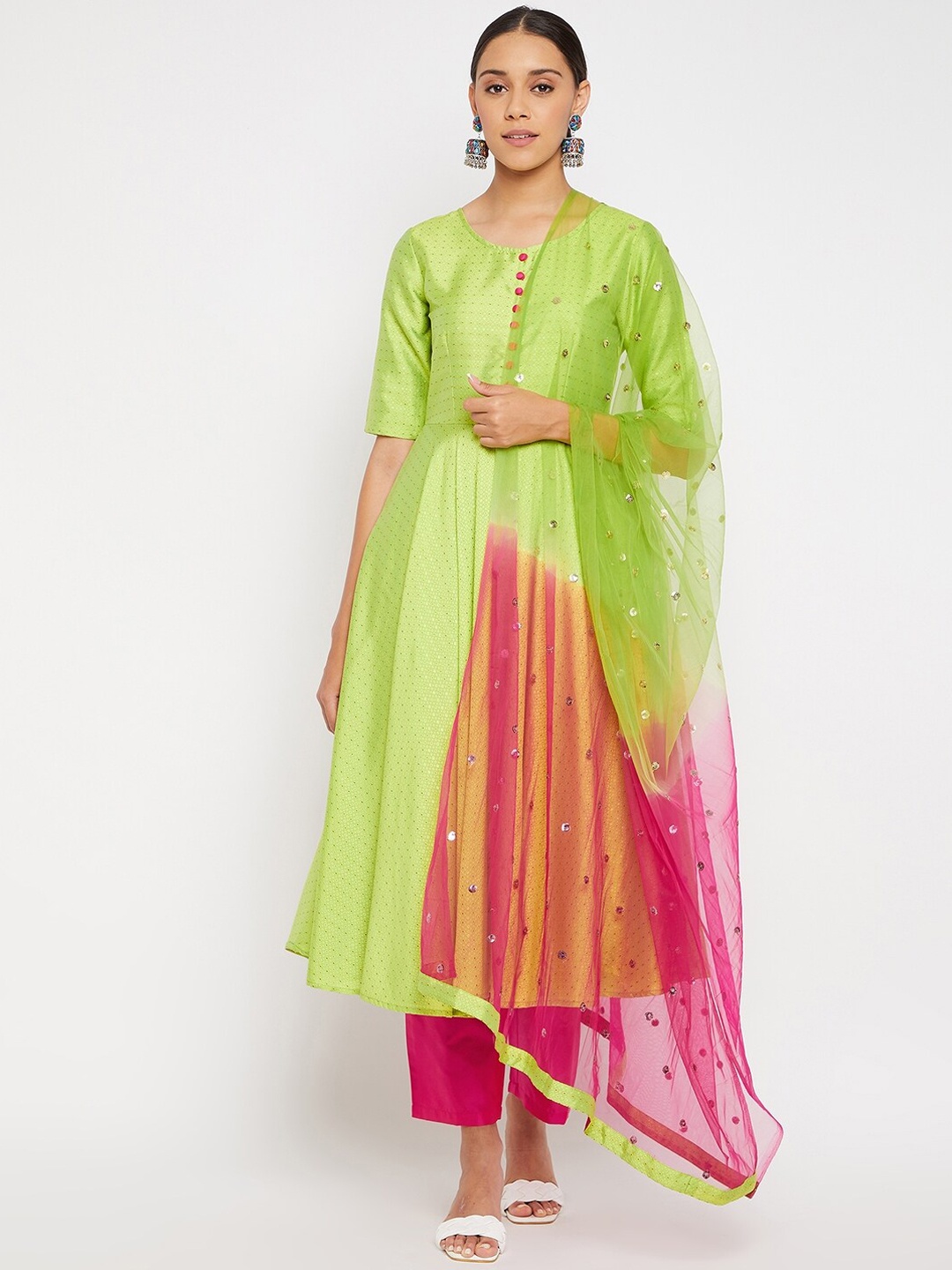 

PANIT Women Woven Design Anarkali Kurta with Trousers & Dupatta, Lime green
