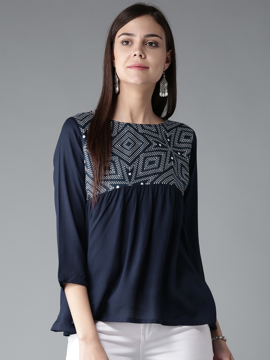 

HERE&NOW Women Navy Printed A-Line Top, Navy blue