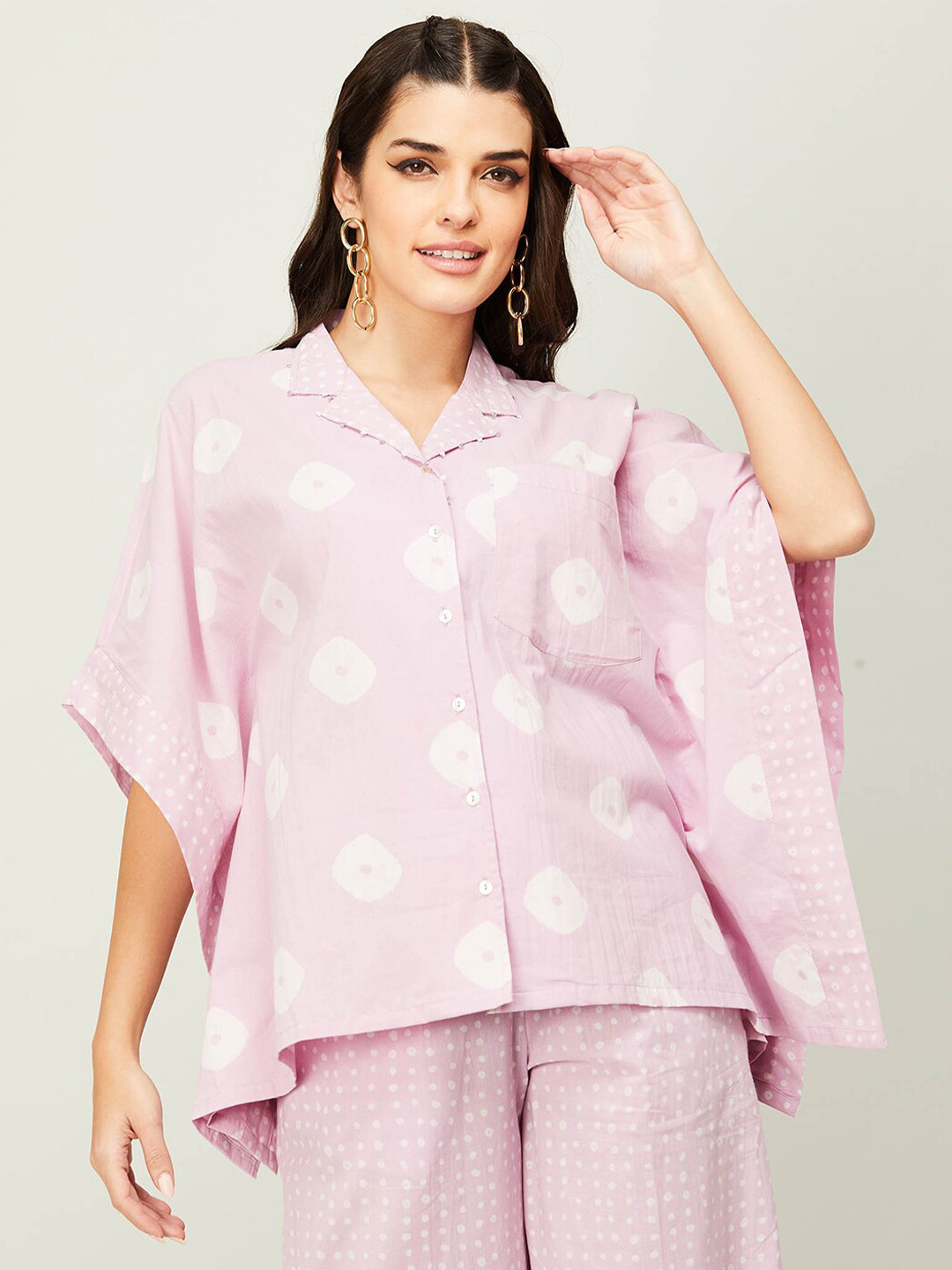 

Colour Me by Melange Print Flared Sleeves Shirt Style Cotton Top, Lavender