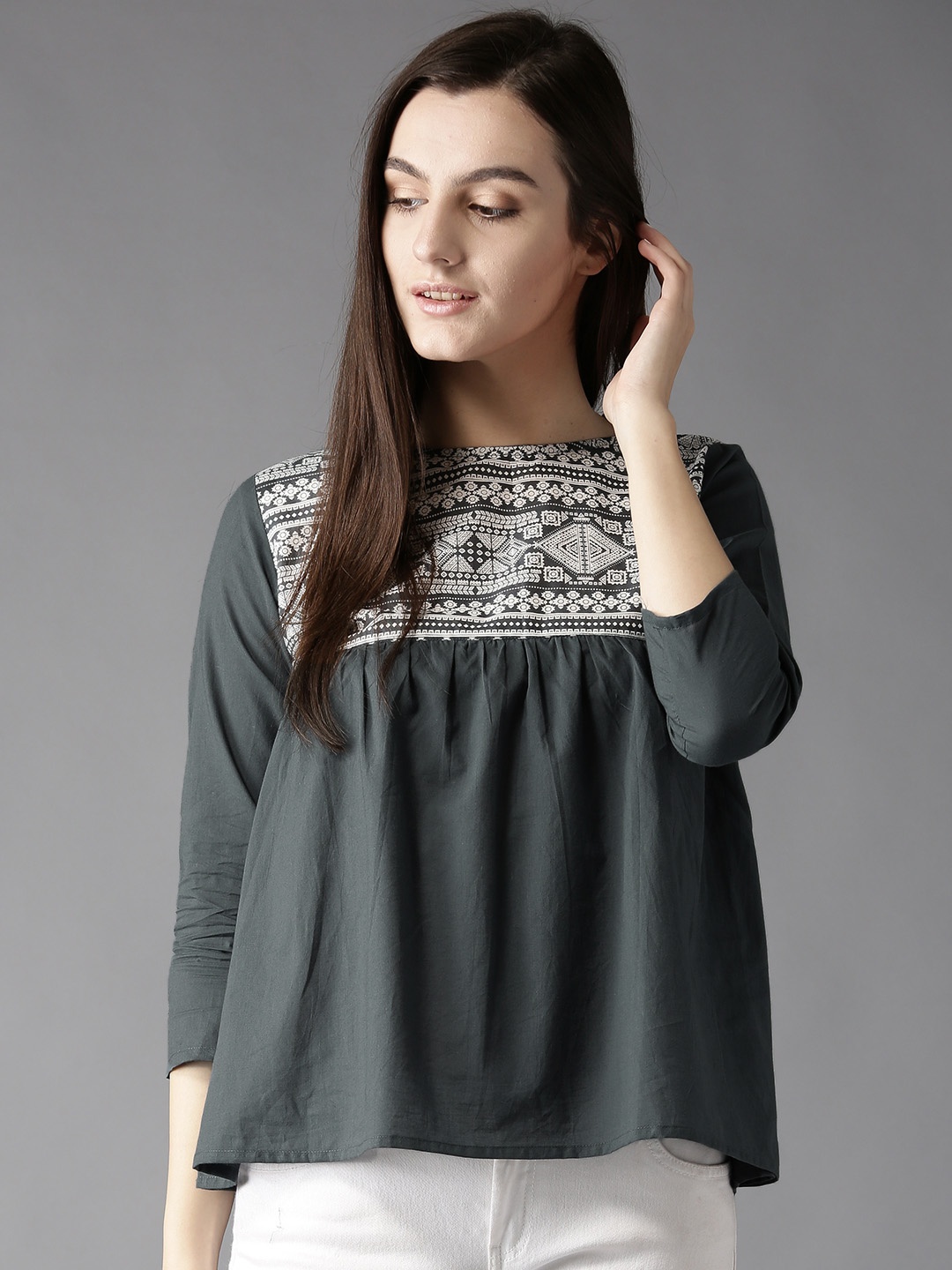 

HERE&NOW Grey Ethnic Motifs Pleated Pure Cotton A-Line Top
