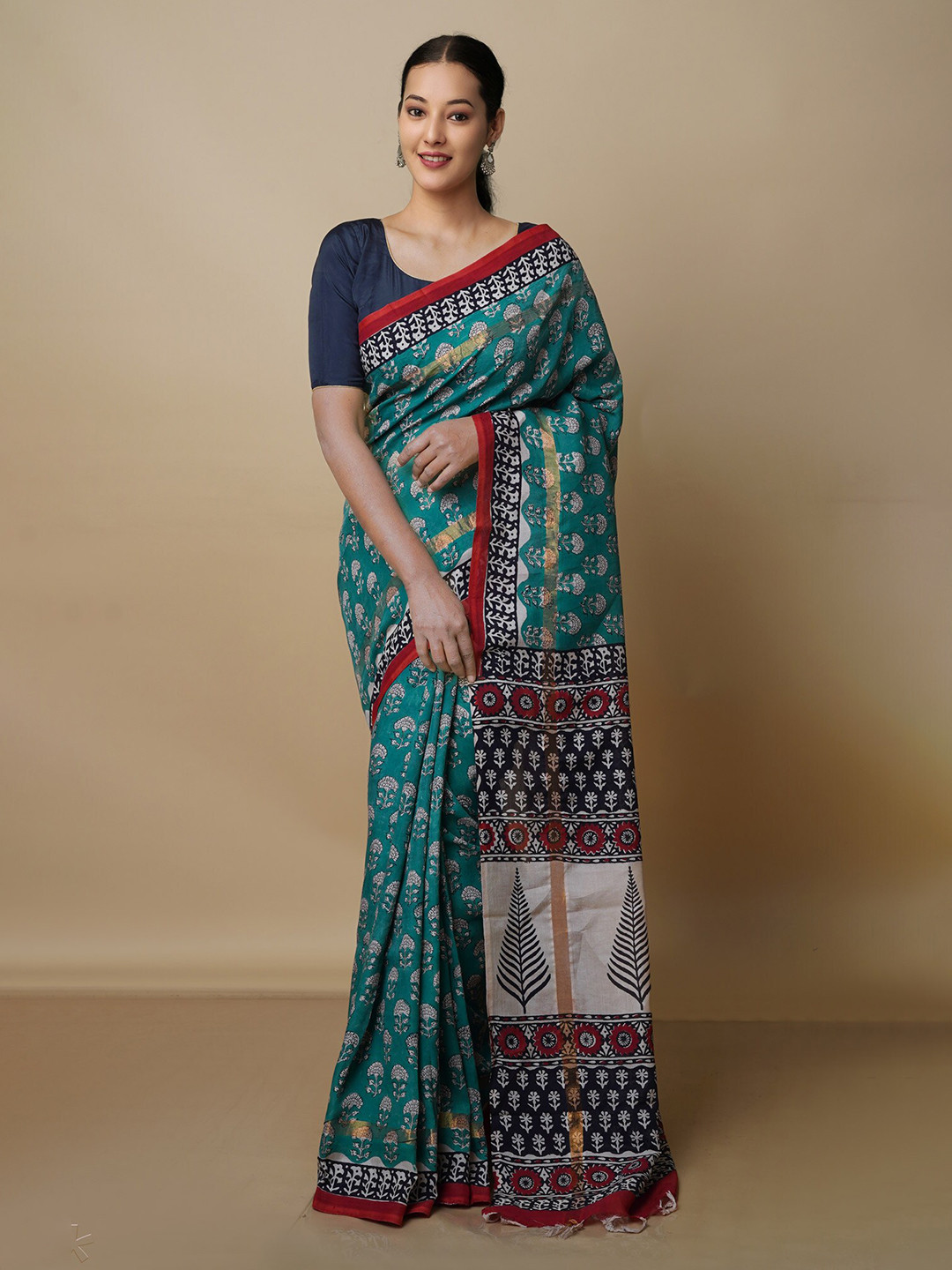 

Unnati Silks Ethnic Motifs Printed Chanderi Saree, Green