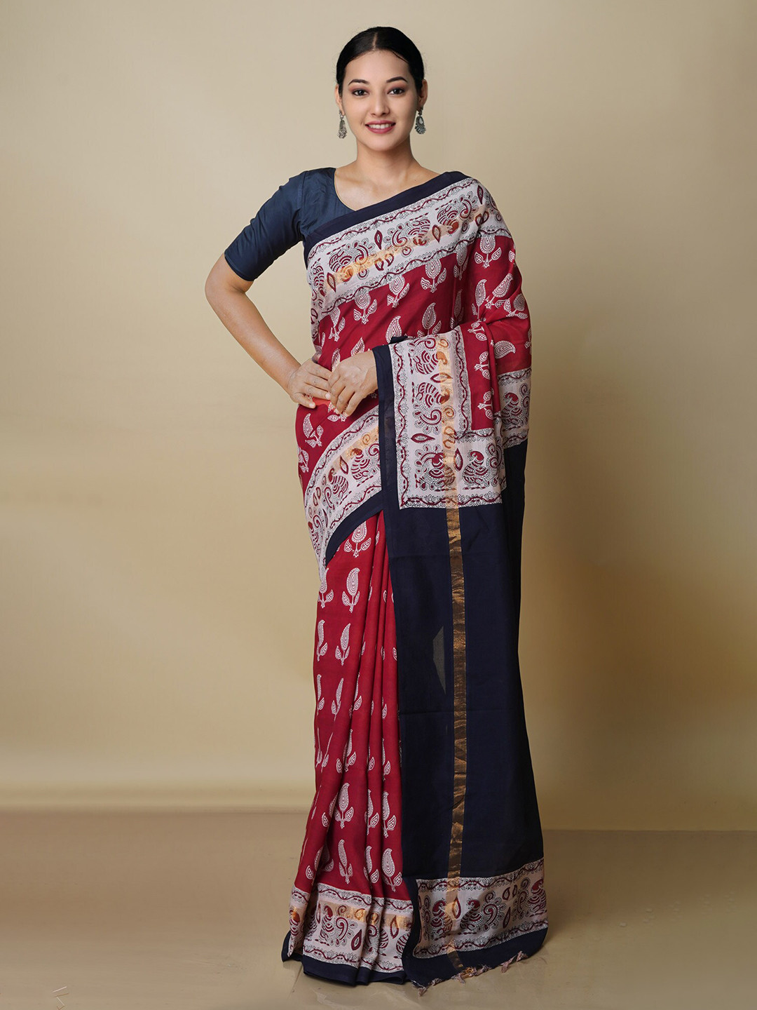 

Unnati Silks Ethnic Motifs Printed Chanderi Saree, Red