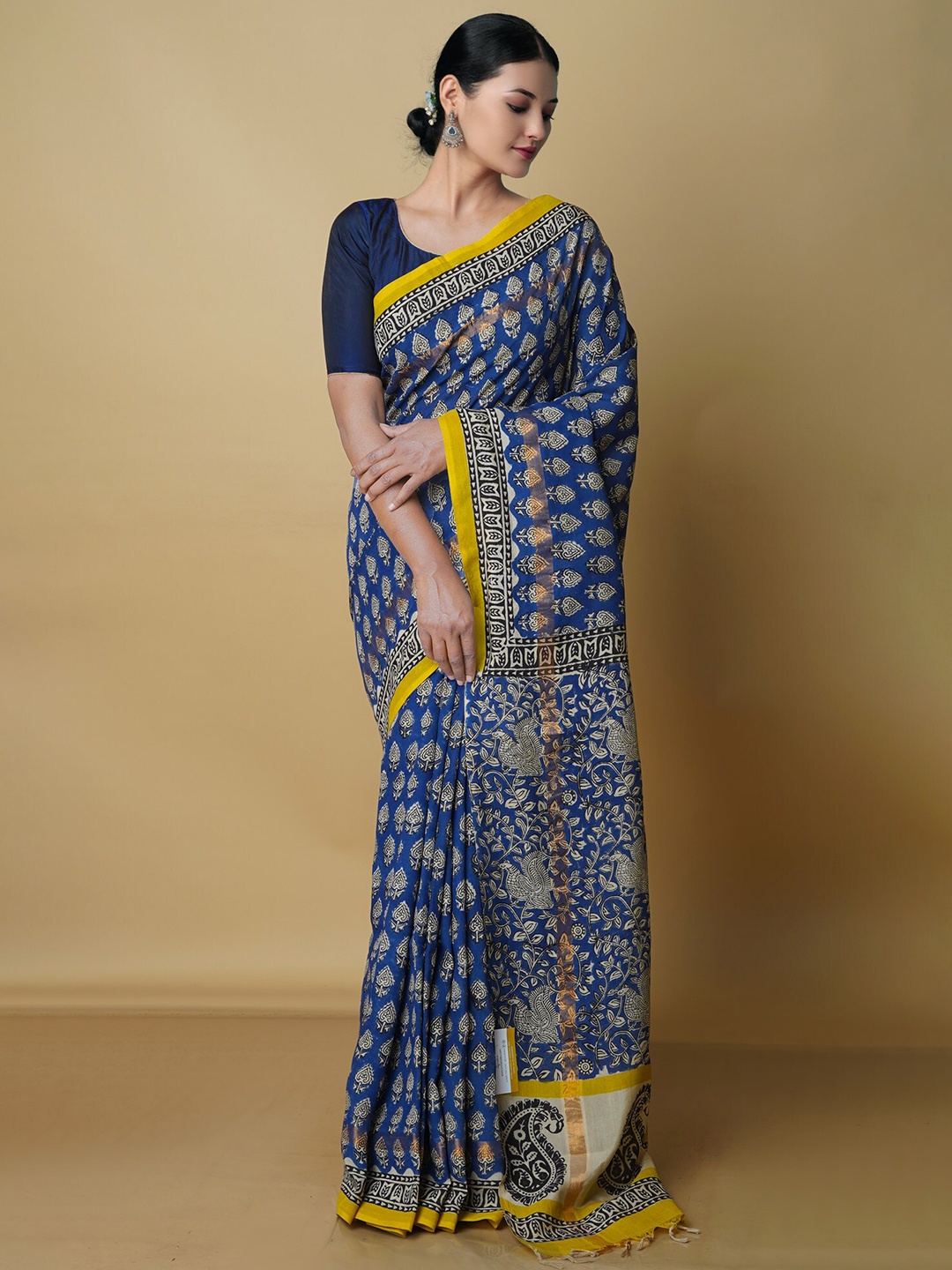 

Unnati Silks Ethnic Motifs Zari Silk Cotton Chanderi Saree, Blue