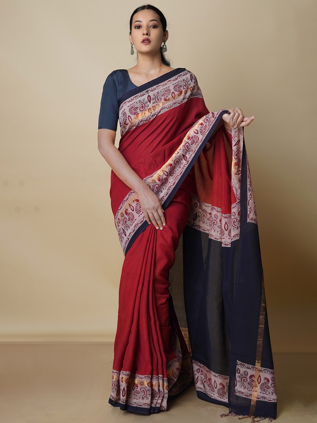 

Unnati Silks Ethnic Motifs Printed Handloom Chanderi Saree, Maroon