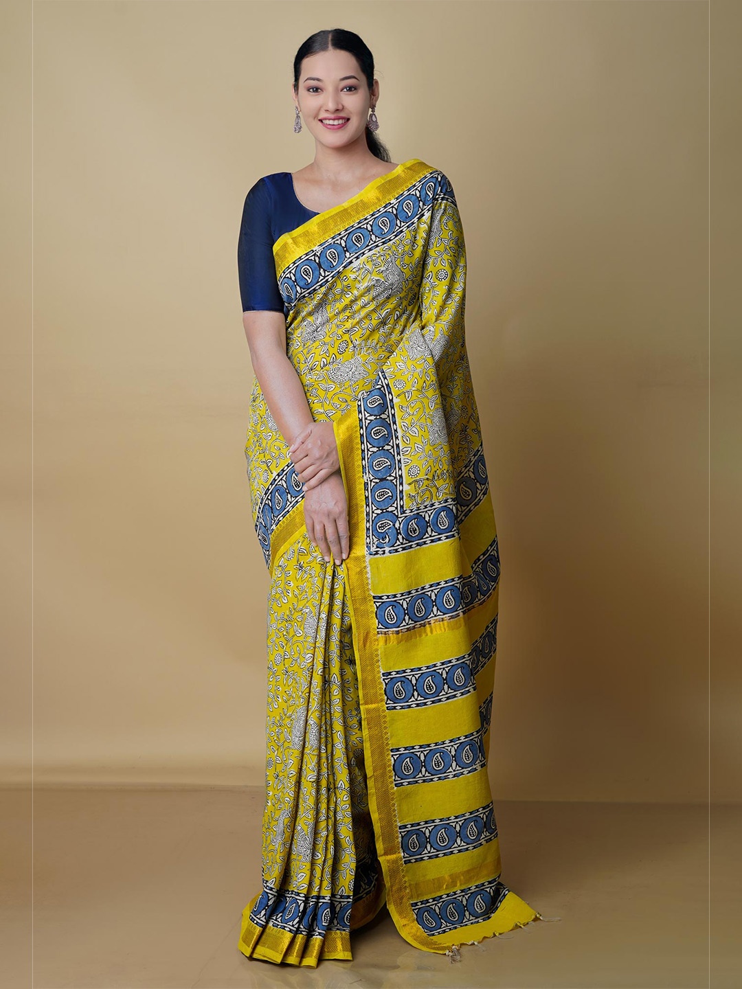 

Unnati Silks Ethnic Motifs Printed Zari Silk Blend Chanderi Handloom Saree, Yellow