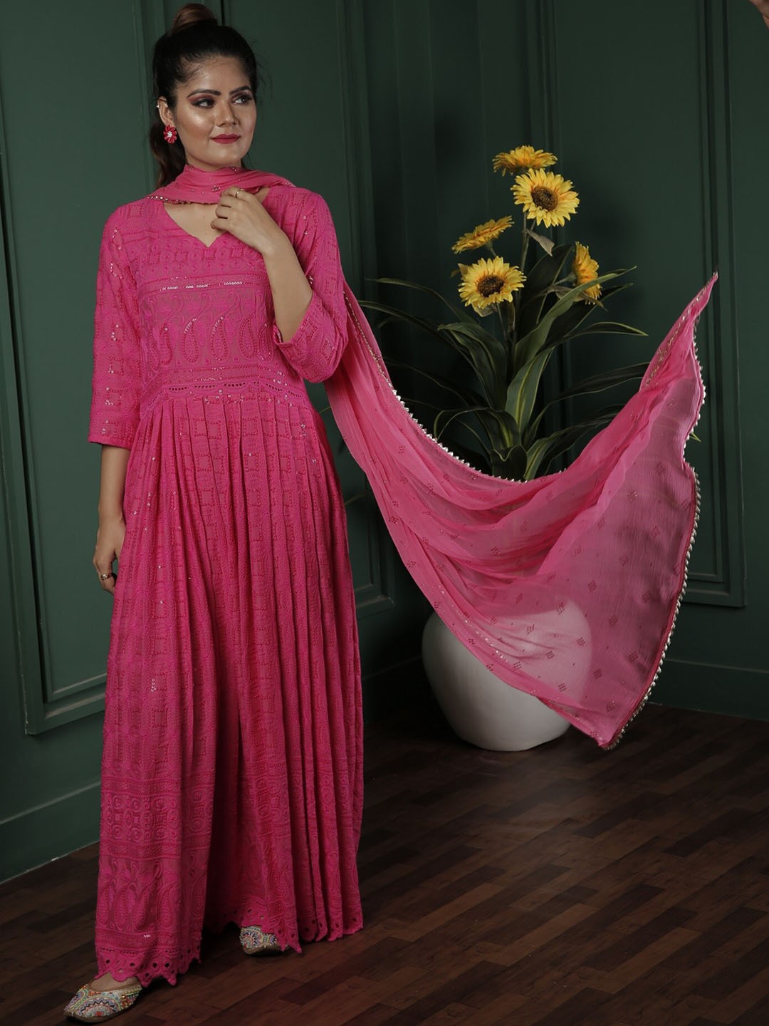 

Saadgi Women Pink Ethnic Motifs Embroidered Pleated Chikankari Kurta Set