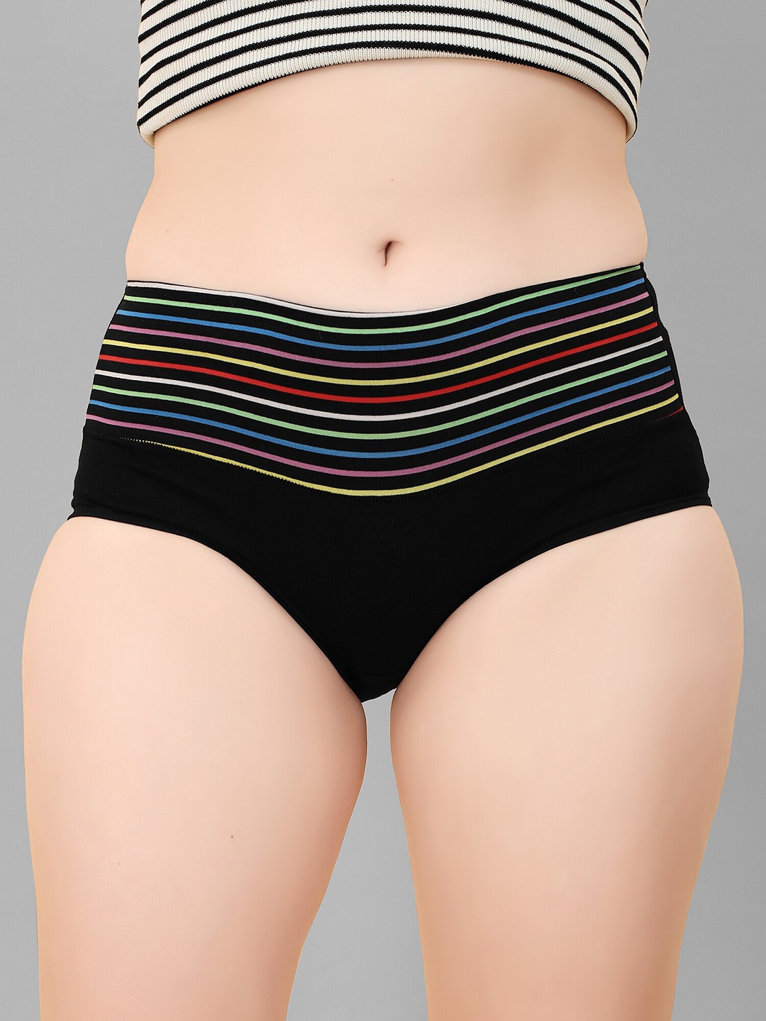 

DEALSEVEN FASHION Women Striped High-Rise Hipsters Brief, Black