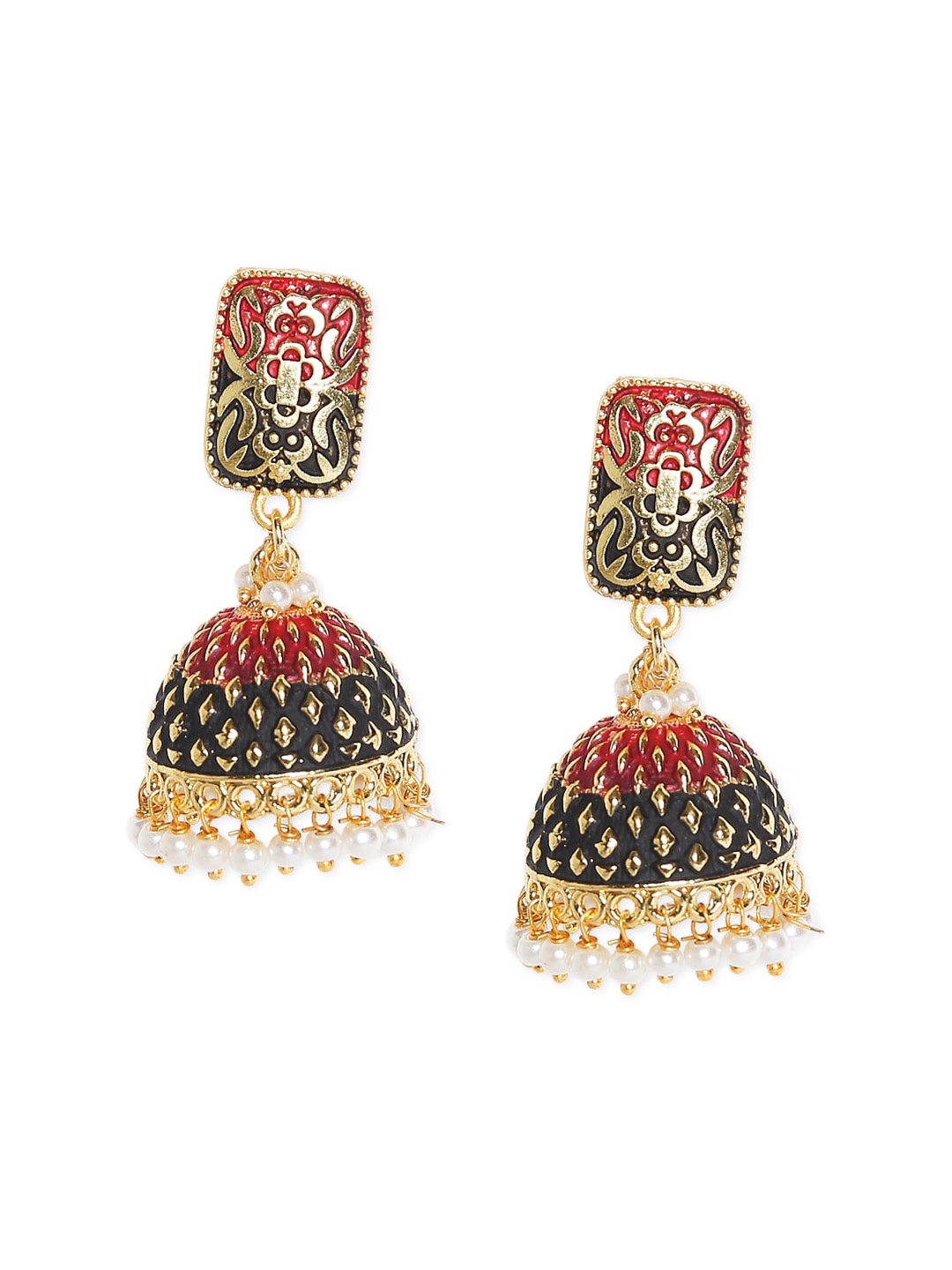 

OOMPH Gold-Plated Dome Shaped Jhumkas Earrings, Red