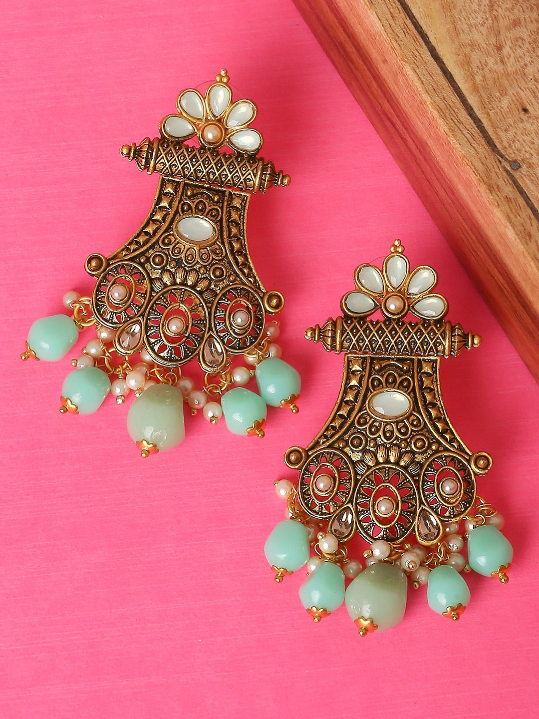 

OOMPH Gold-Plated Contemporary Drop Earrings, Green