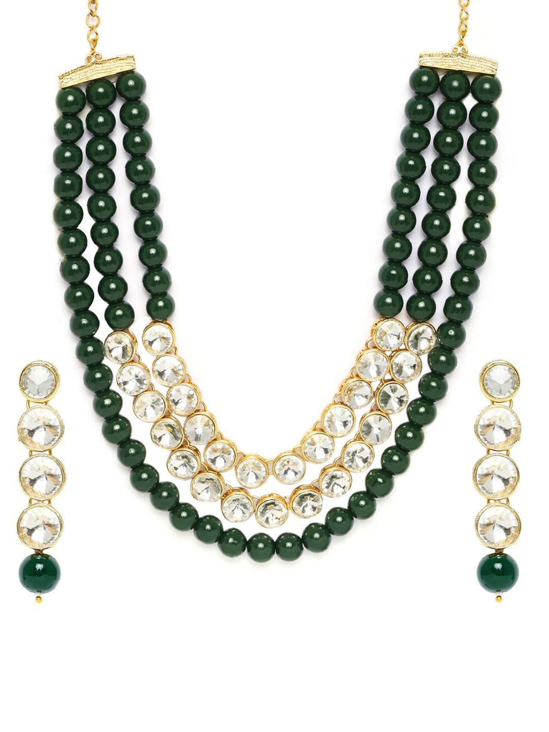 

OOMPH Women Gold-Plated Kundan-Studded & Beaded Layered Necklace and Earrings, Green