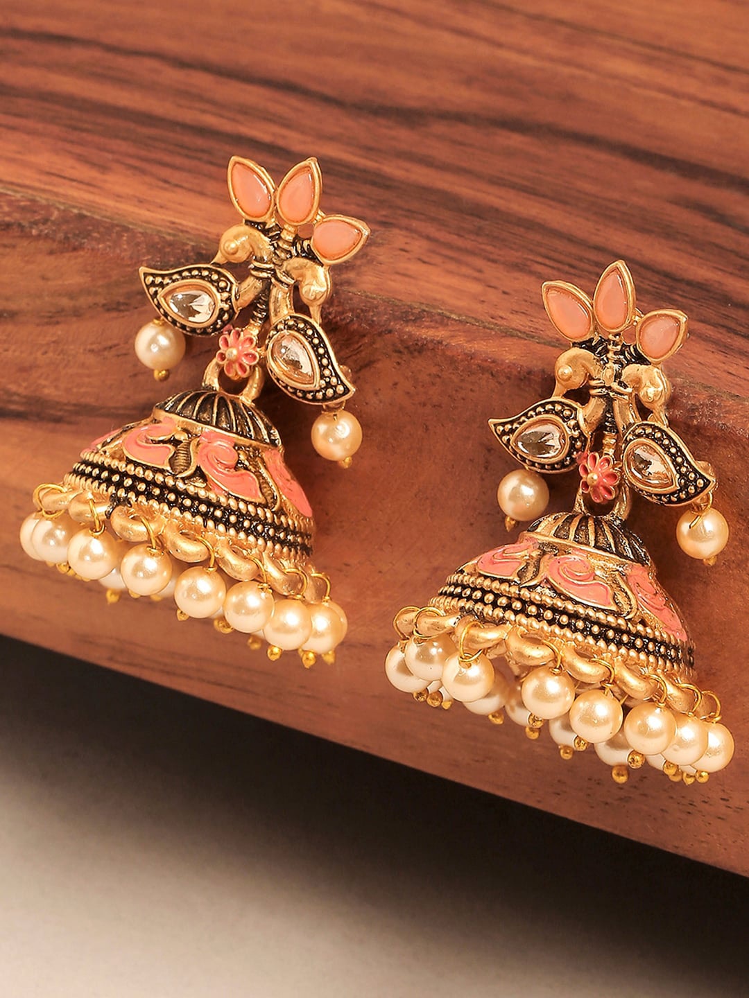 

OOMPH Gold-Plated Peacock Shaped Jhumkas, Peach