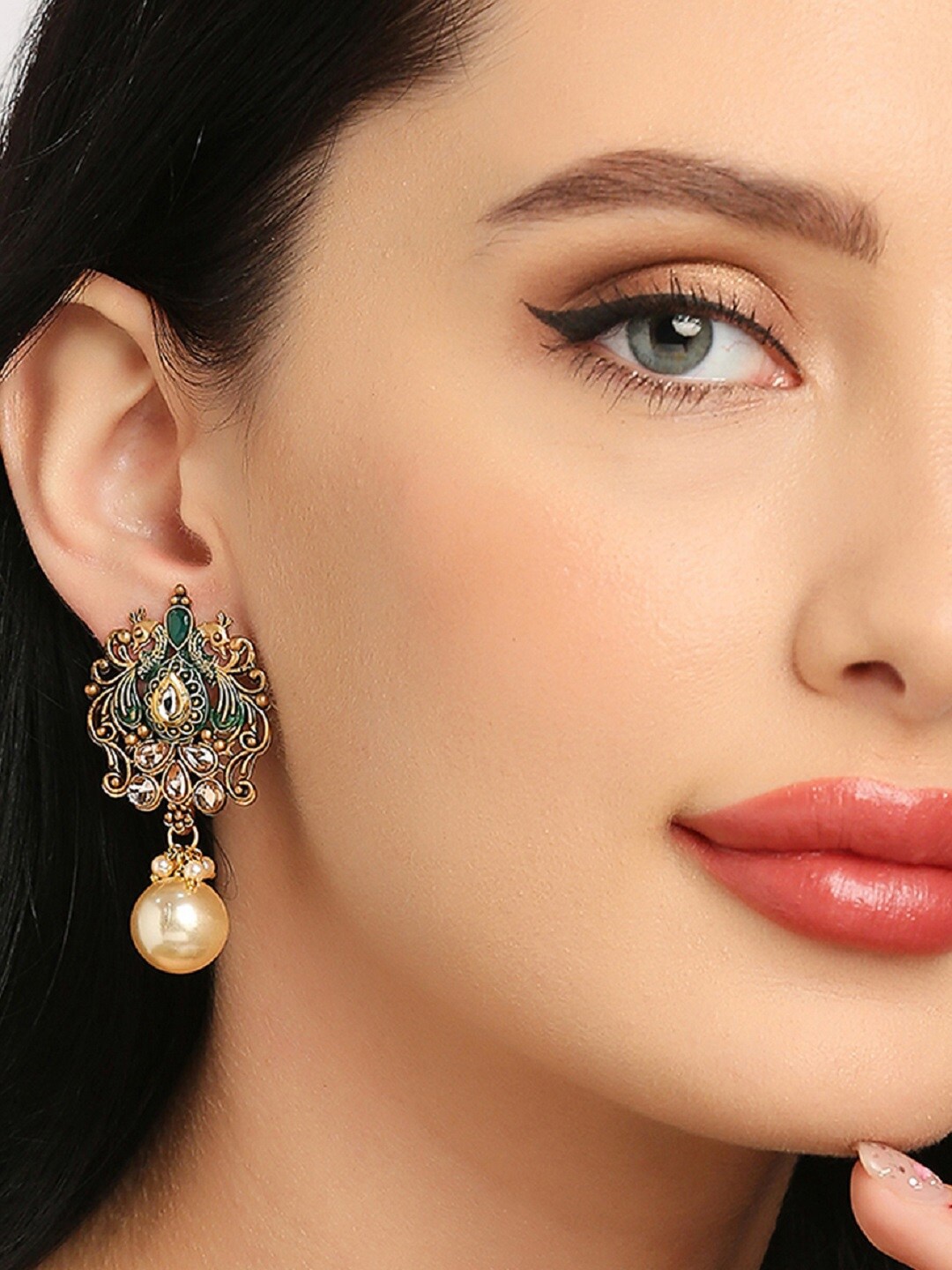 

OOMPH Peacock Shaped Drop Earrings, Green