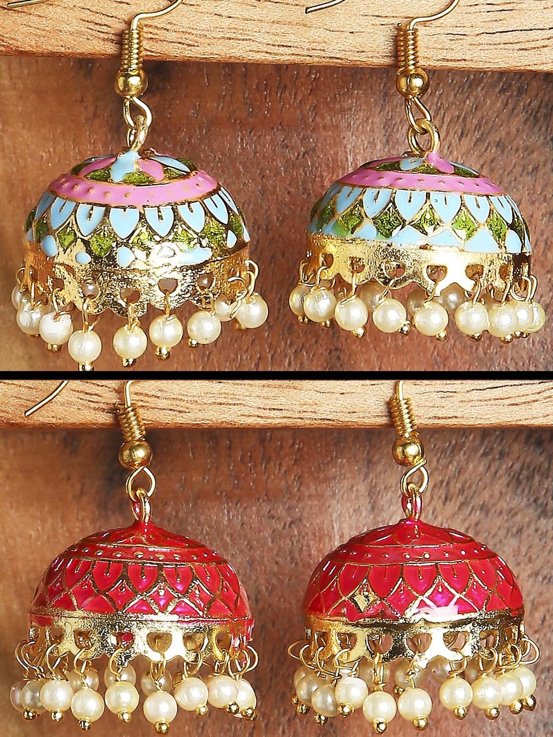 

OOMPH Set Of 2 Gold-Plated Dome Shaped Meenakari Jhumkas Earrings, Pink