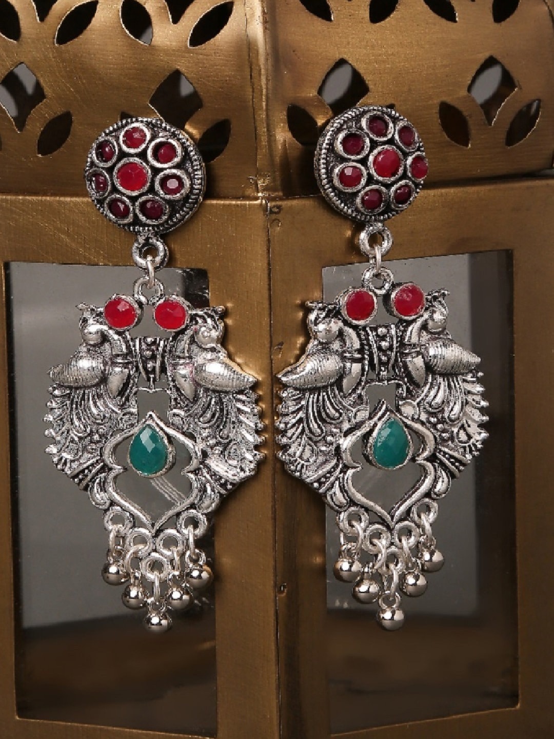 

OOMPH Stone Studded & Beaded Peacock Shaped Oxidised Drop Earrings, Maroon