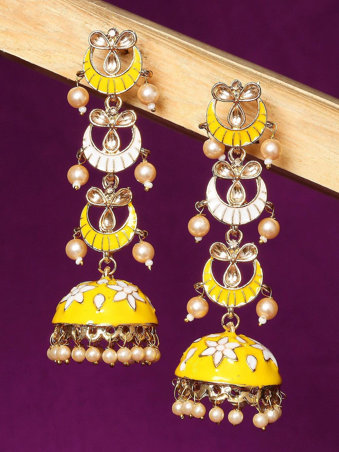 

OOMPH Gold-Plated Floral Meenakari Jhumkas Earrings, Yellow