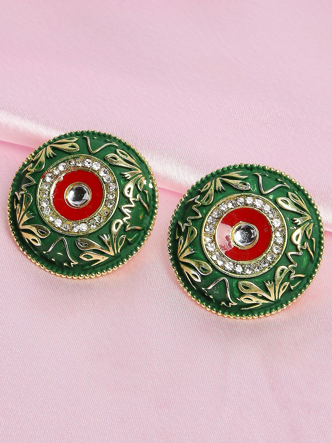 

OOMPH Gold-Plated Kundan Studded Circular Studs Earrings, Green
