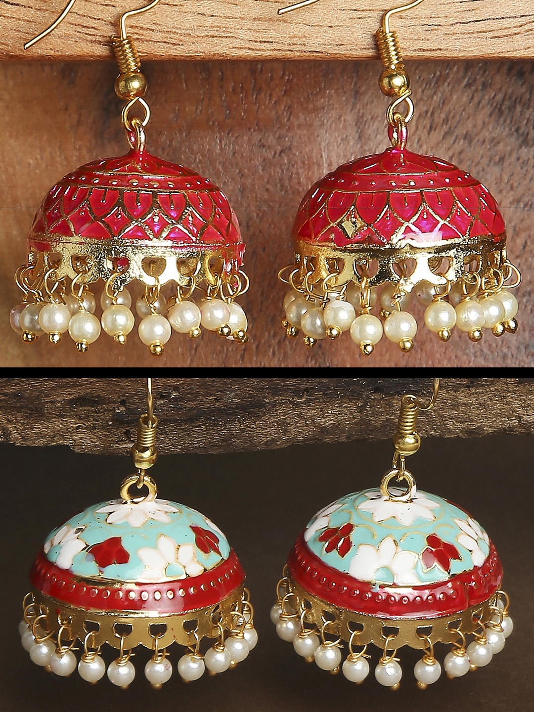 

OOMPH Set of 2 Gold-Plated Dome Shaped Jhumkas Earrings, Red