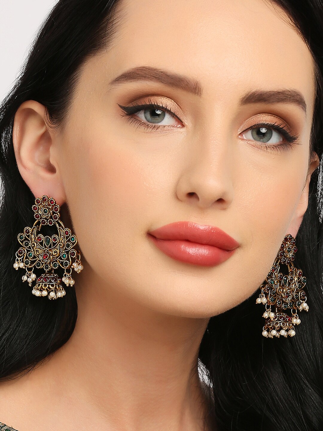 

OOMPH Gold Plated Contemporary Stone Studded Jhumkas Earrings