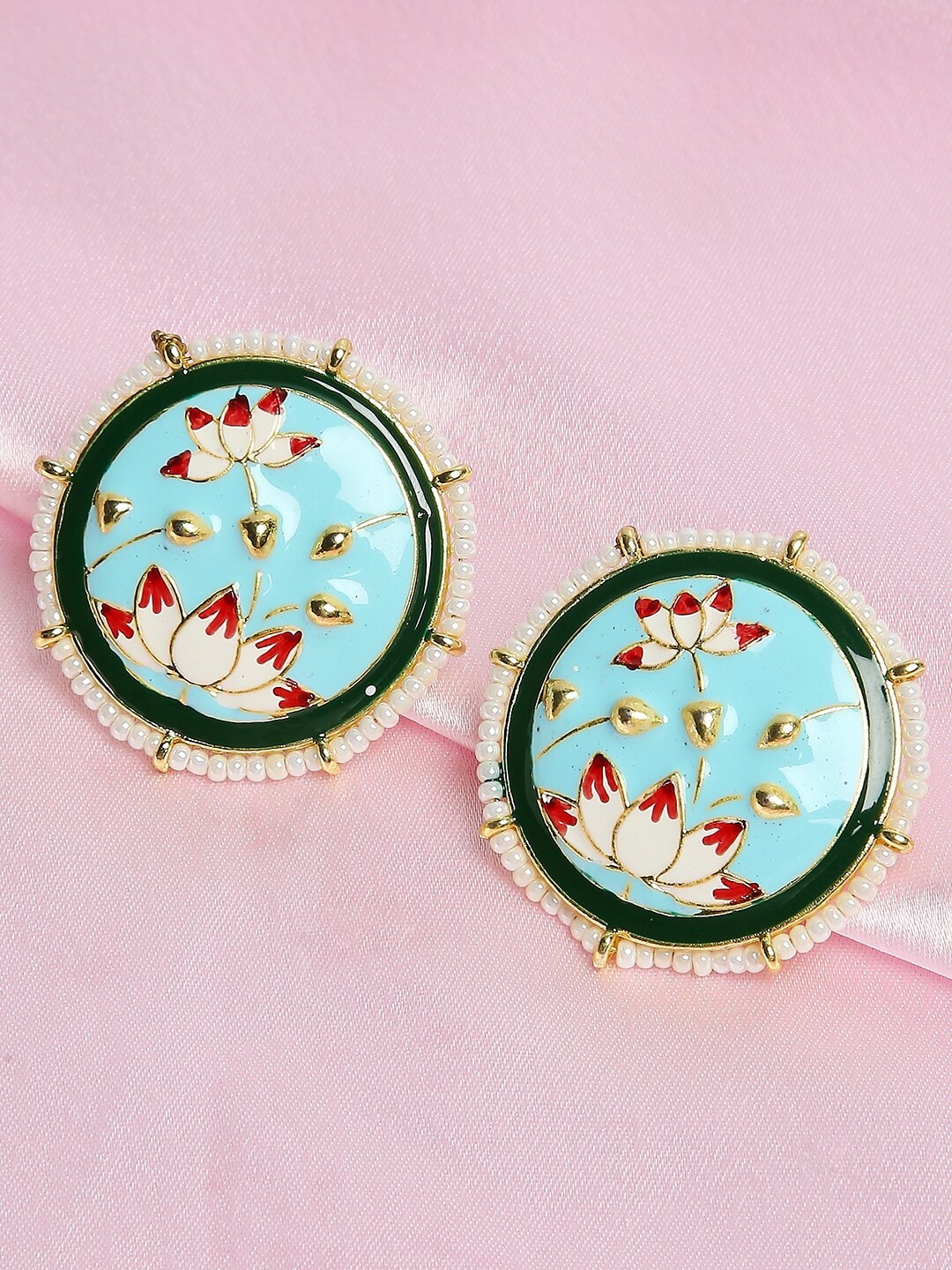 

OOMPH Gold Plated Meenakari Enamel Circular Pearl Beaded Studs Earrings, Blue