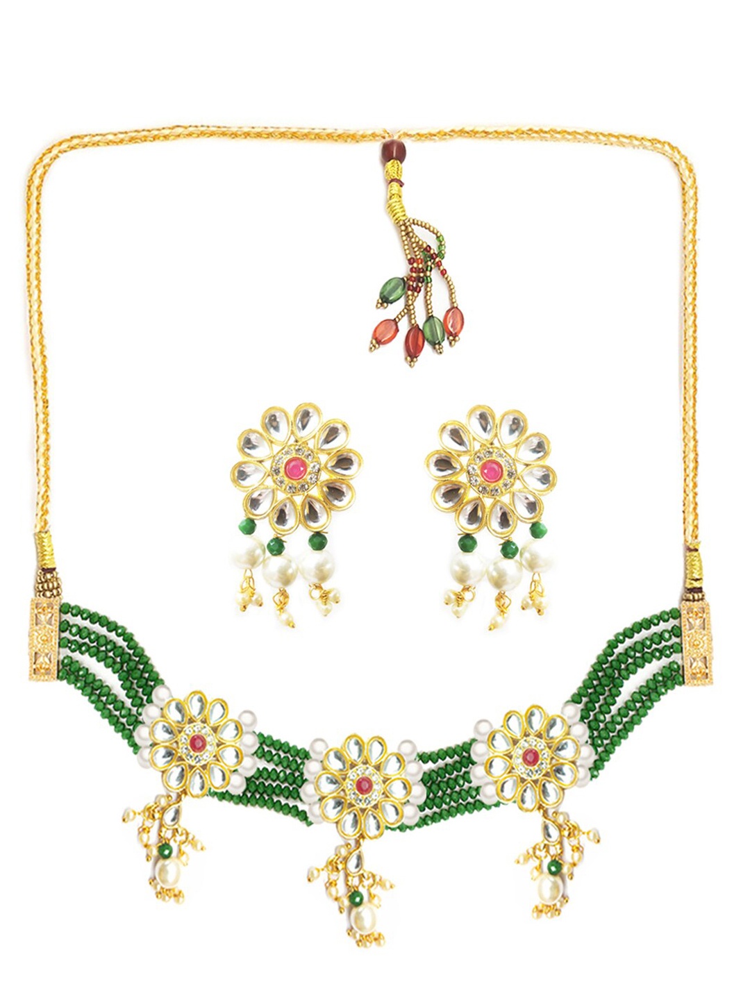 

OOMPH Women Gold-Plated Kundan Studded & Beaded Necklace and Earrings, Green