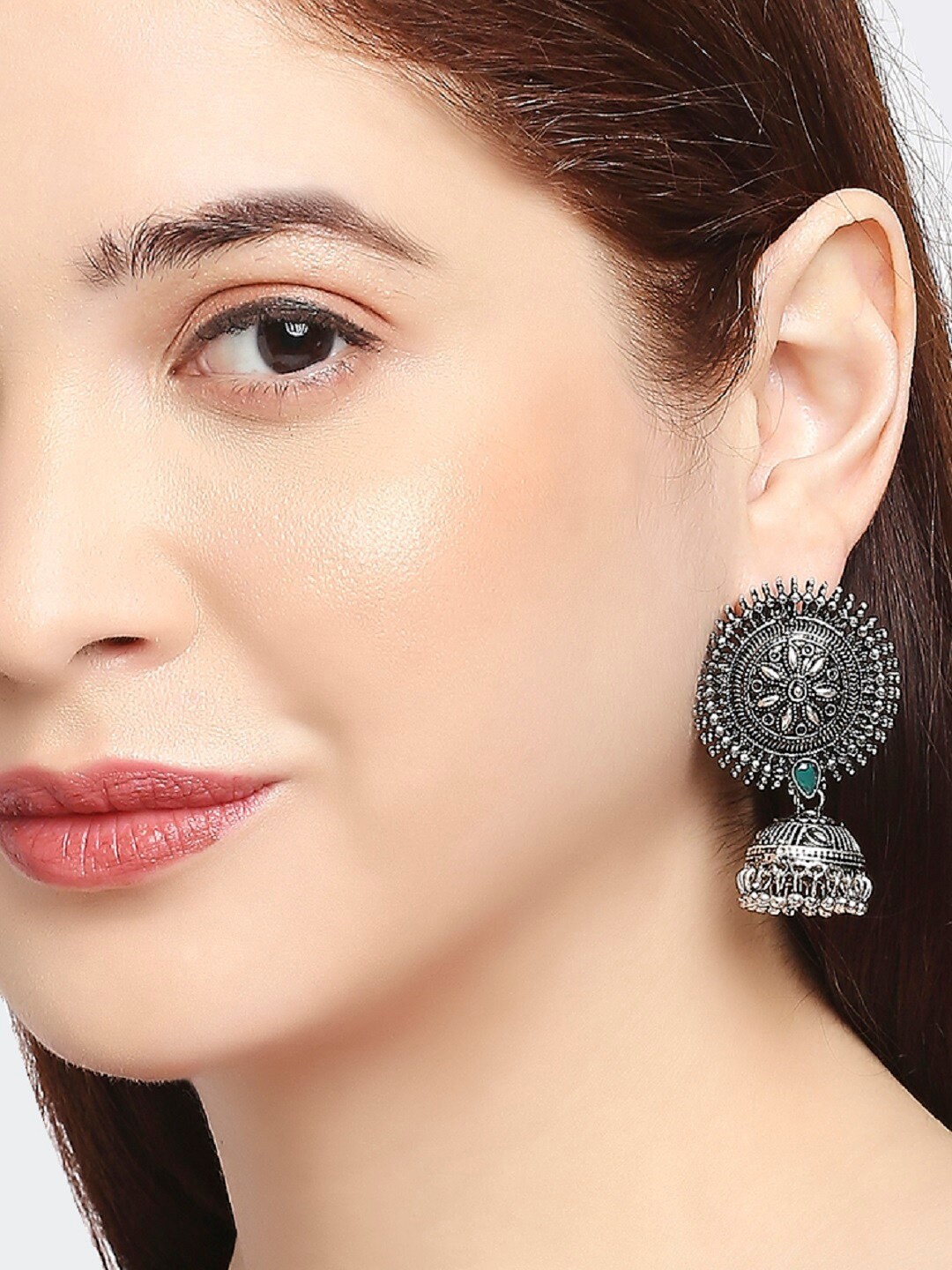 

OOMPH Silver Plated Oxidised Contemporary Kundan Studded Jhumkas Earrings