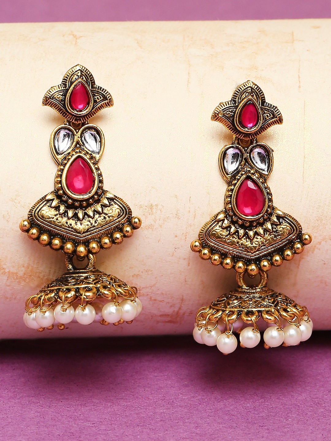 

OOMPH Gold Plated Contemporary Stone Studded Jhumka Earrings