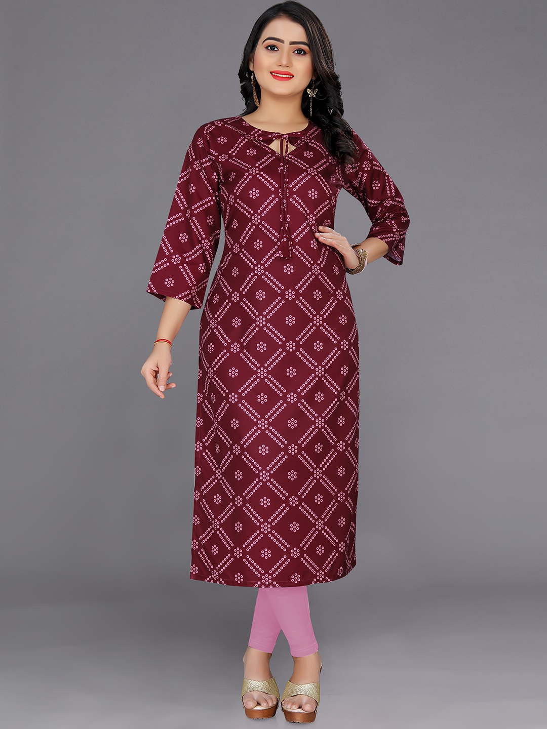 

Indian Fashionista Women Bandhani Printed Tie-Up Neck Kurta, Maroon