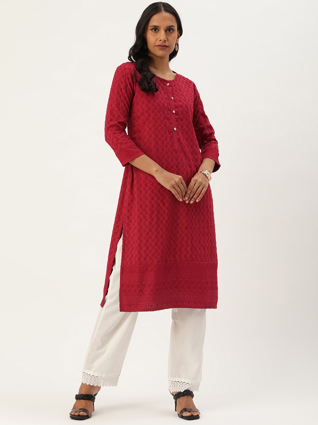 

SWAGG INDIA Ethnic Motifs Embroidered Chikankari Kurta, Red
