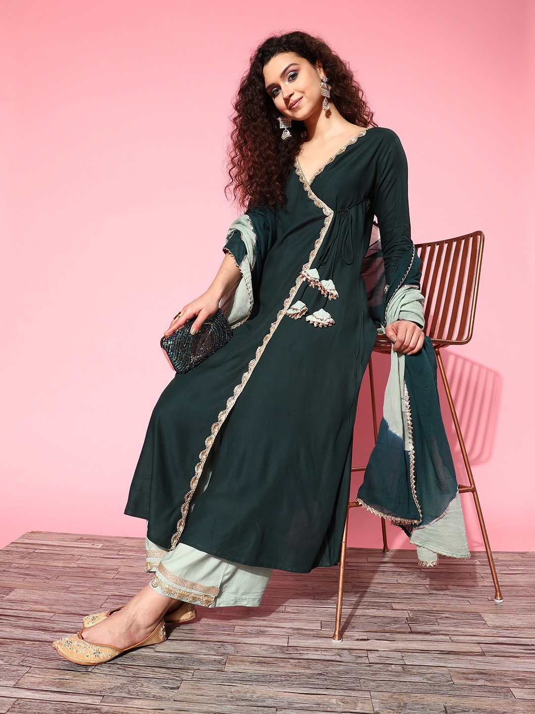 

Yufta Angrakha Thread Work Kurta with Palazzos & With Dupatta, Teal