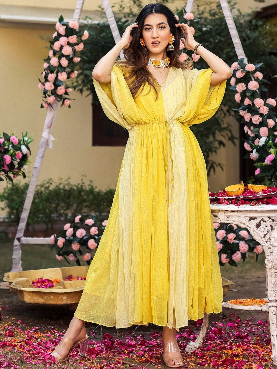 

Lavanya The Label Kimono Sleeves Gathered Maxi Fit & Flare Dress, Yellow