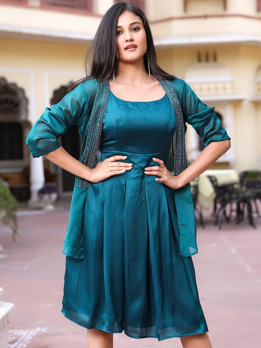 

Lavanya The Label Round Neck Satin Dress With Shrug, Teal