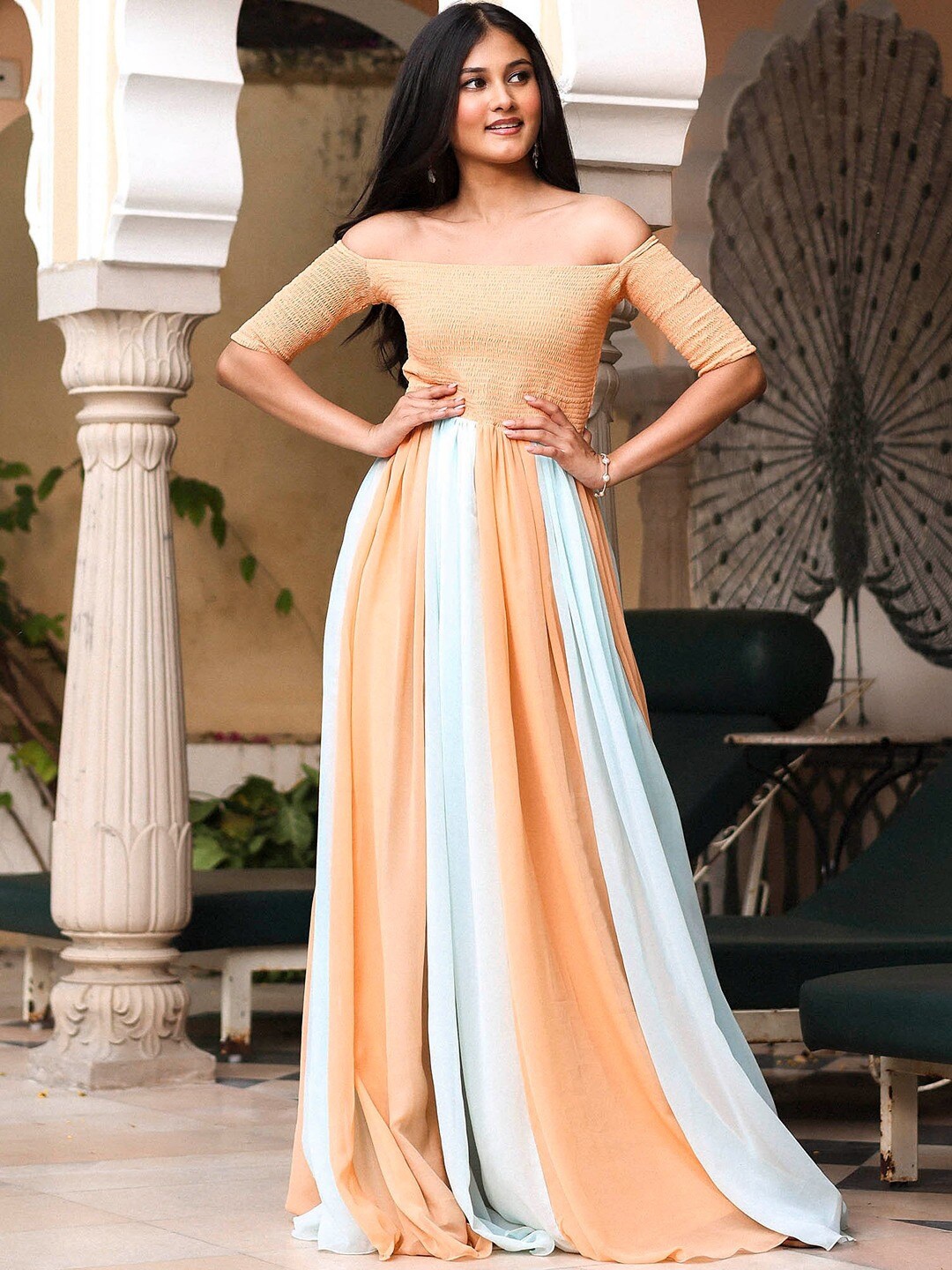 

Lavanya The Label Colourblocked Off-Shoulder Georgette Maxi Dress, Peach