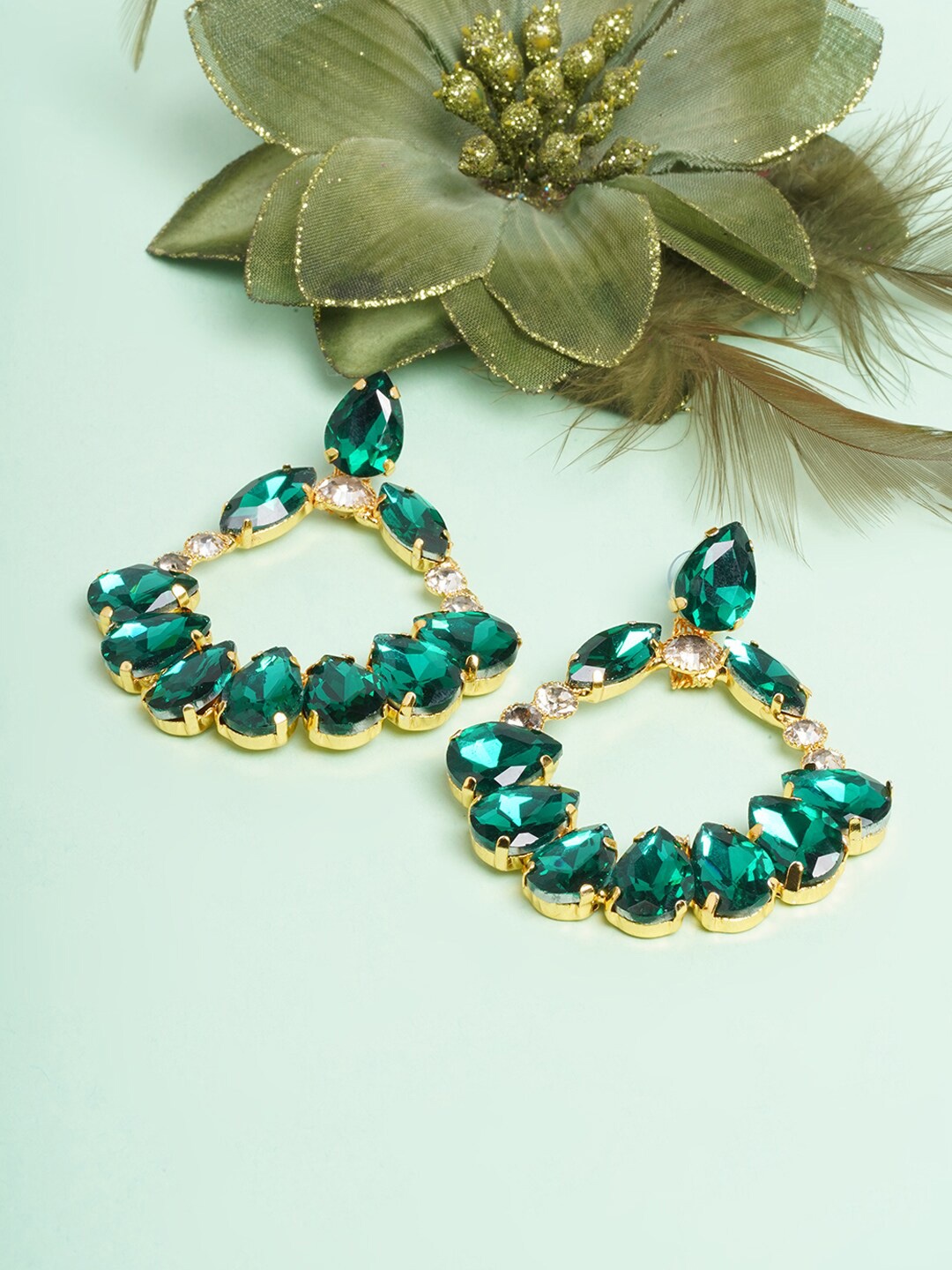 

DressBerry Gold-Plated Stone Studded Drop Earrings, Green