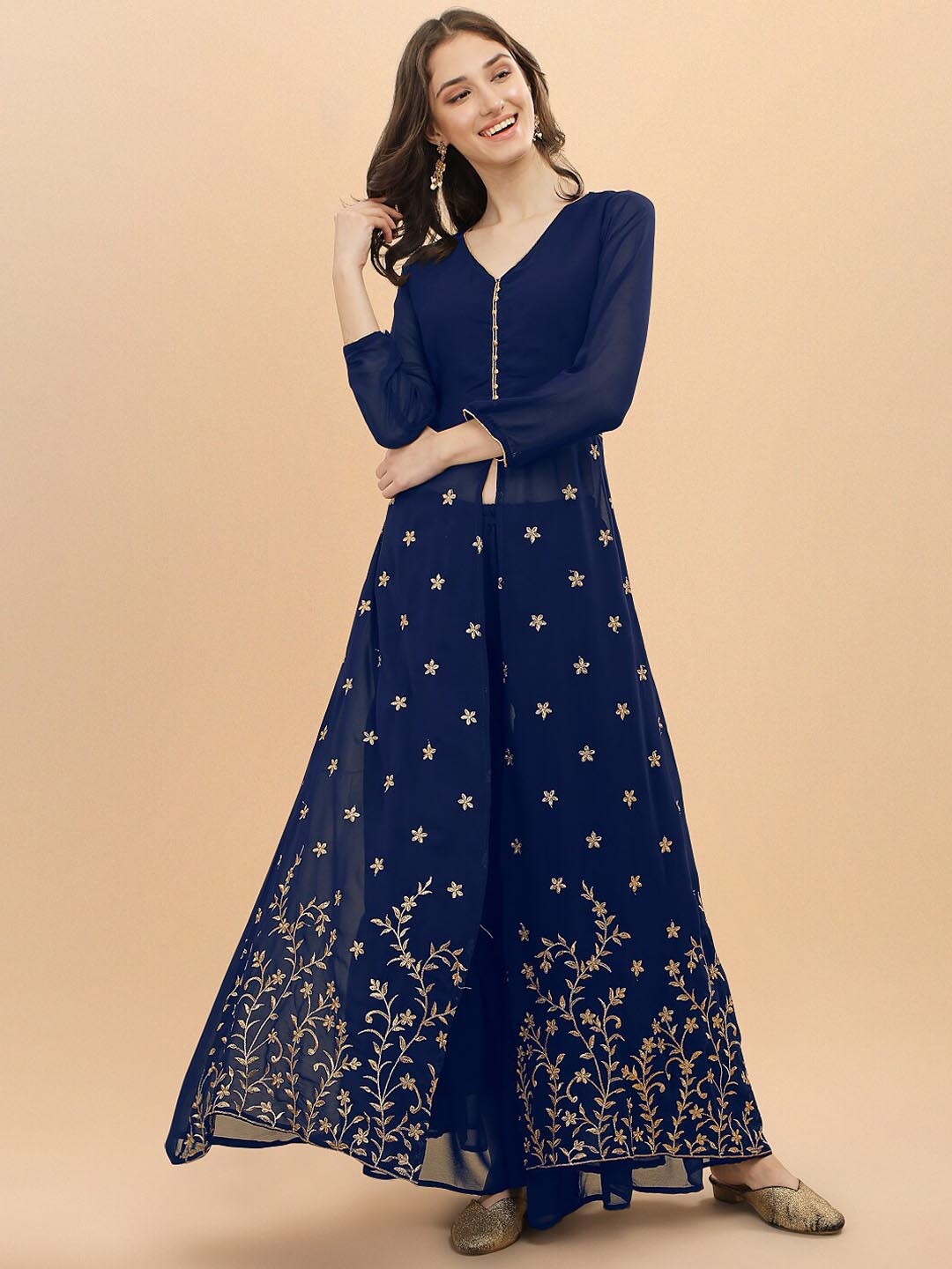 

Trendz Style Women Floral Embroidered High Slit Kurta with Sharara, Blue