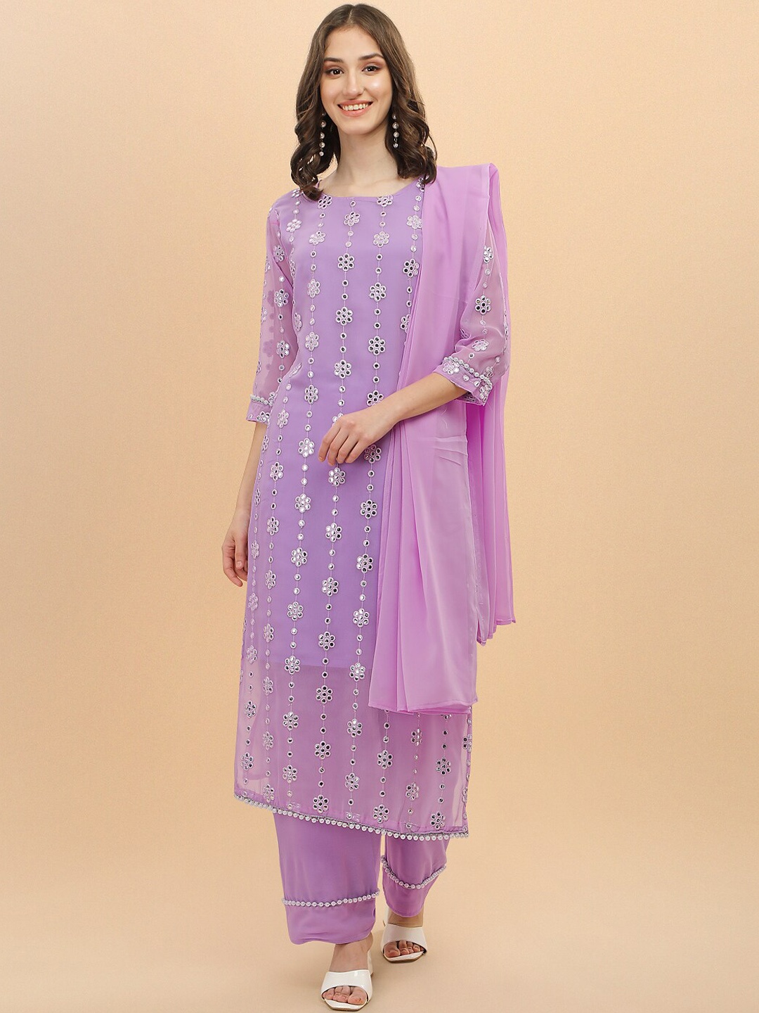 

Trendz Style Floral Embroidered Layered Kurta with Trousers & Dupatta, Purple