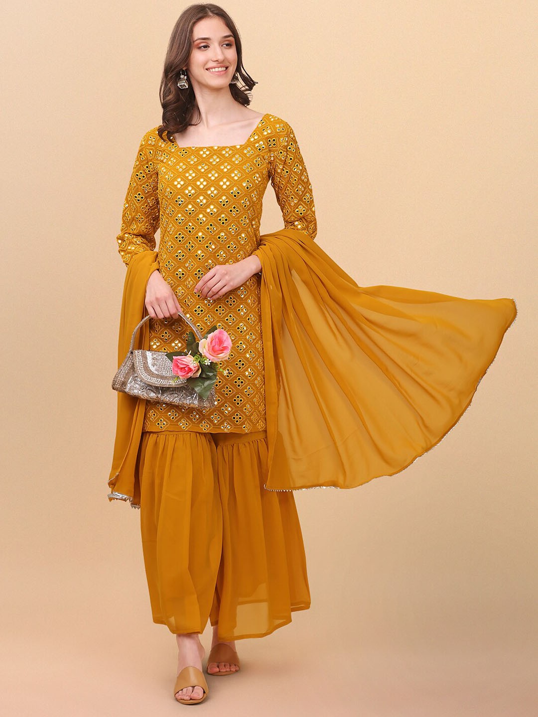 

Trendz Style Women Ethnic Motifs Embroidered Mirror Work Kurta With Sharara & Dupatta, Mustard
